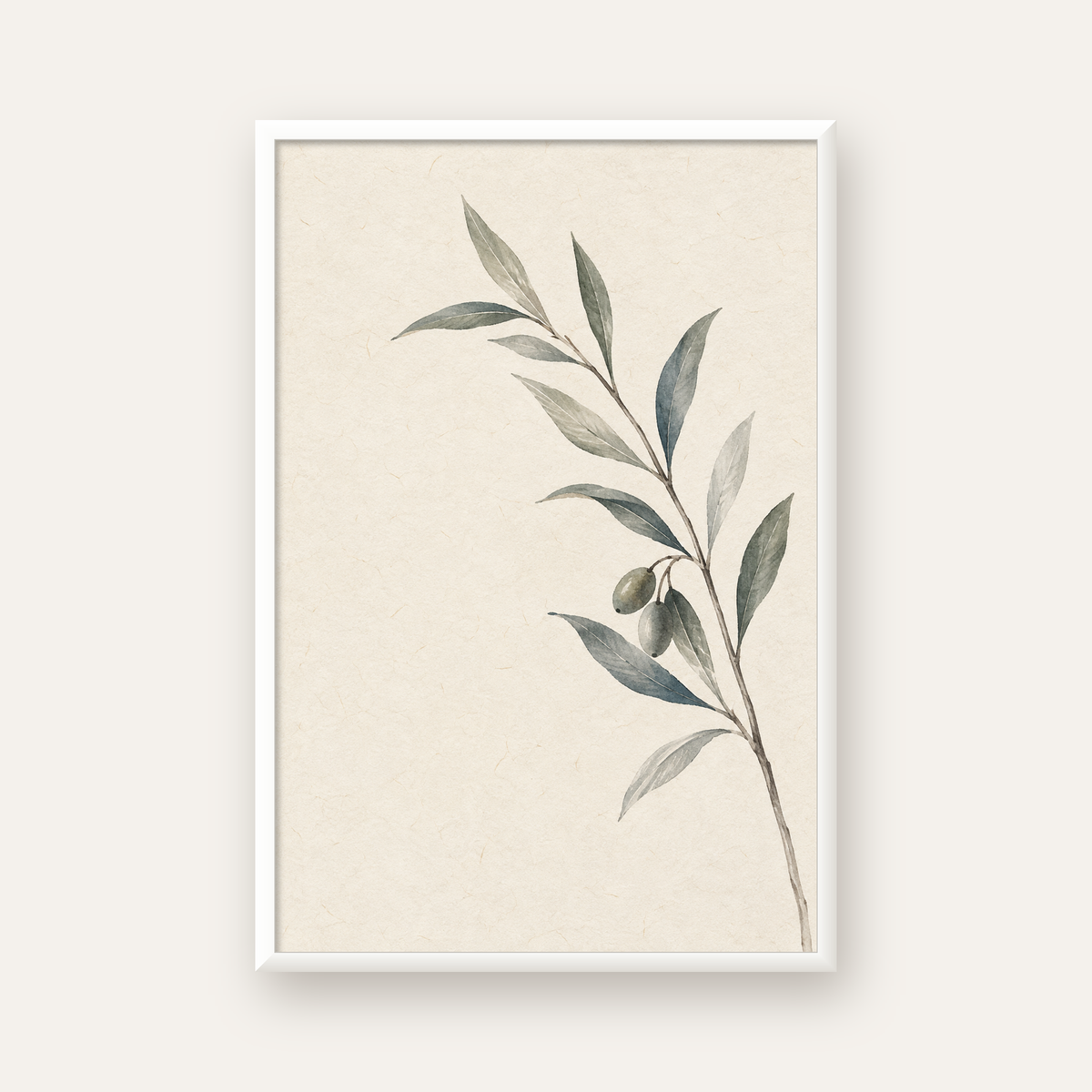 Suluboya Zeytin Dalı Minimal Poster – Doğal Sade Sanat Baskısı — beyaz çerçeveli dikey poster