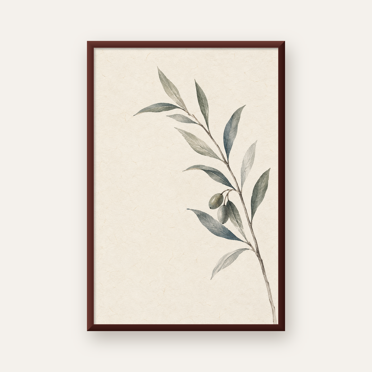 Suluboya Zeytin Dalı Minimal Poster – Doğal Sade Sanat Baskısı — ceviz çerçeveli