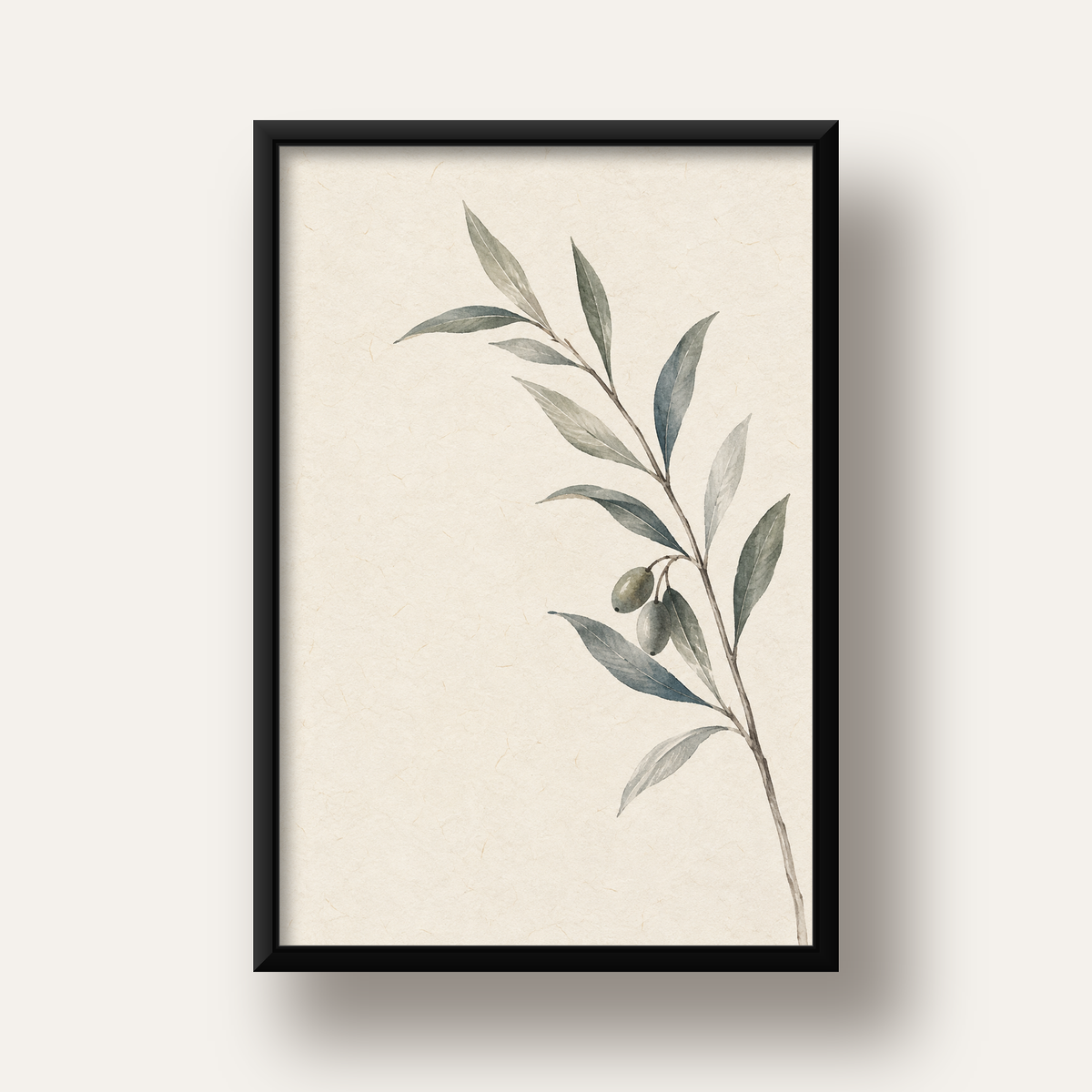 Suluboya Zeytin Dalı Minimal Poster – Doğal Sade Sanat Baskısı — siyah derin çerçeveli