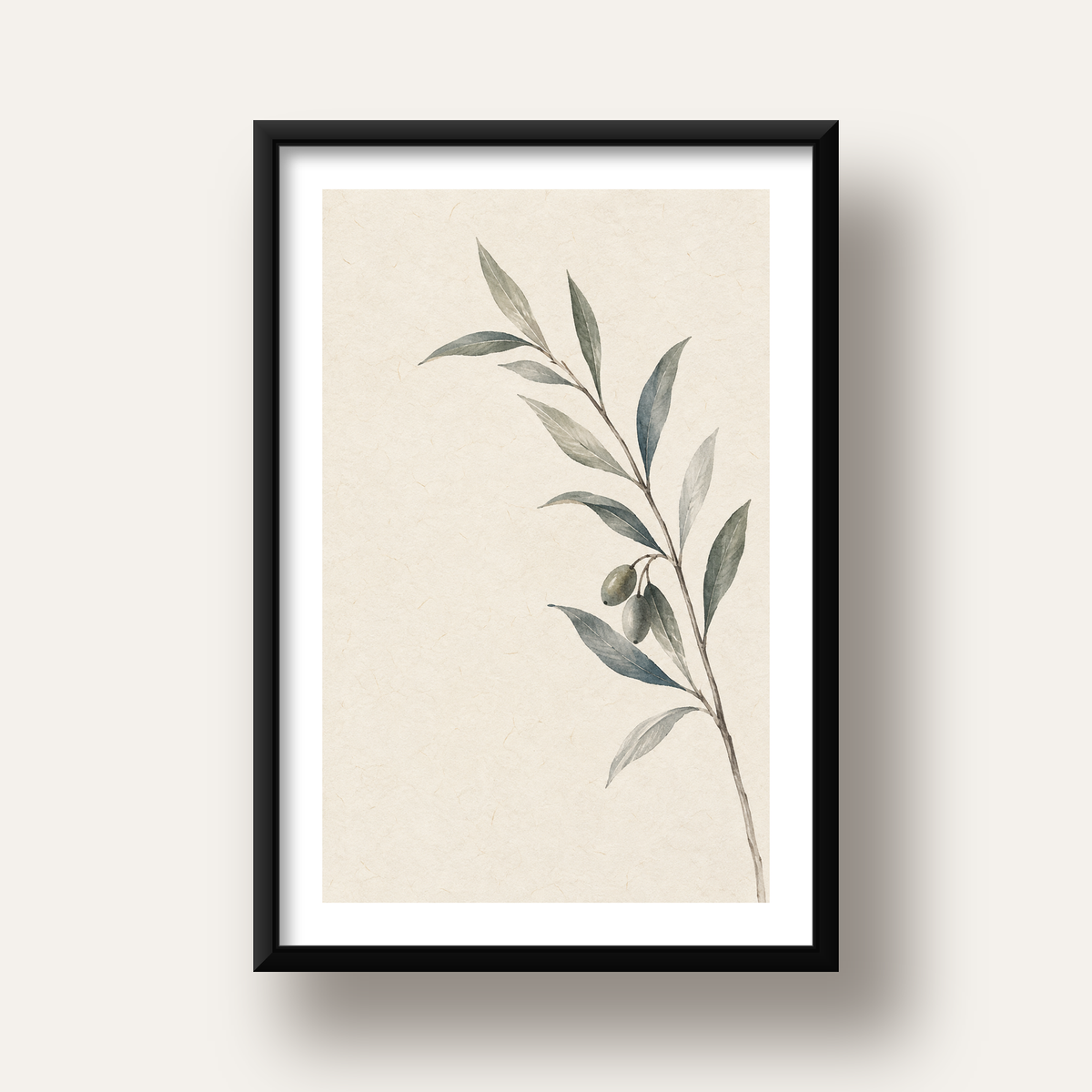 Suluboya Zeytin Dalı Minimal Poster – Doğal Sade Sanat Baskısı — siyah derin çerçeveli paspartulu