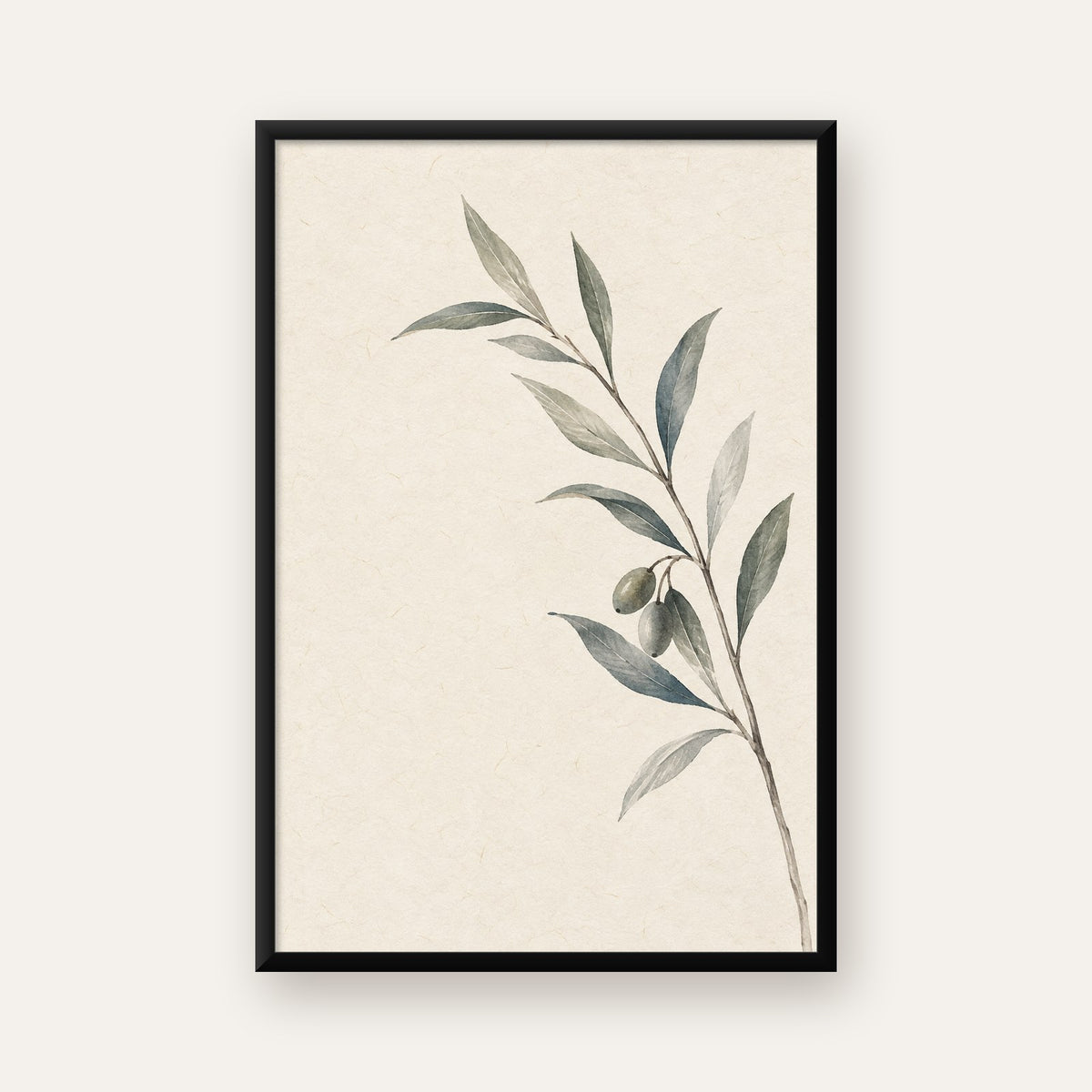 Suluboya Zeytin Dalı Minimal Poster – Doğal Sade Sanat Baskısı — Dikey baskı, düz siyah çerçeveli duvar posteri