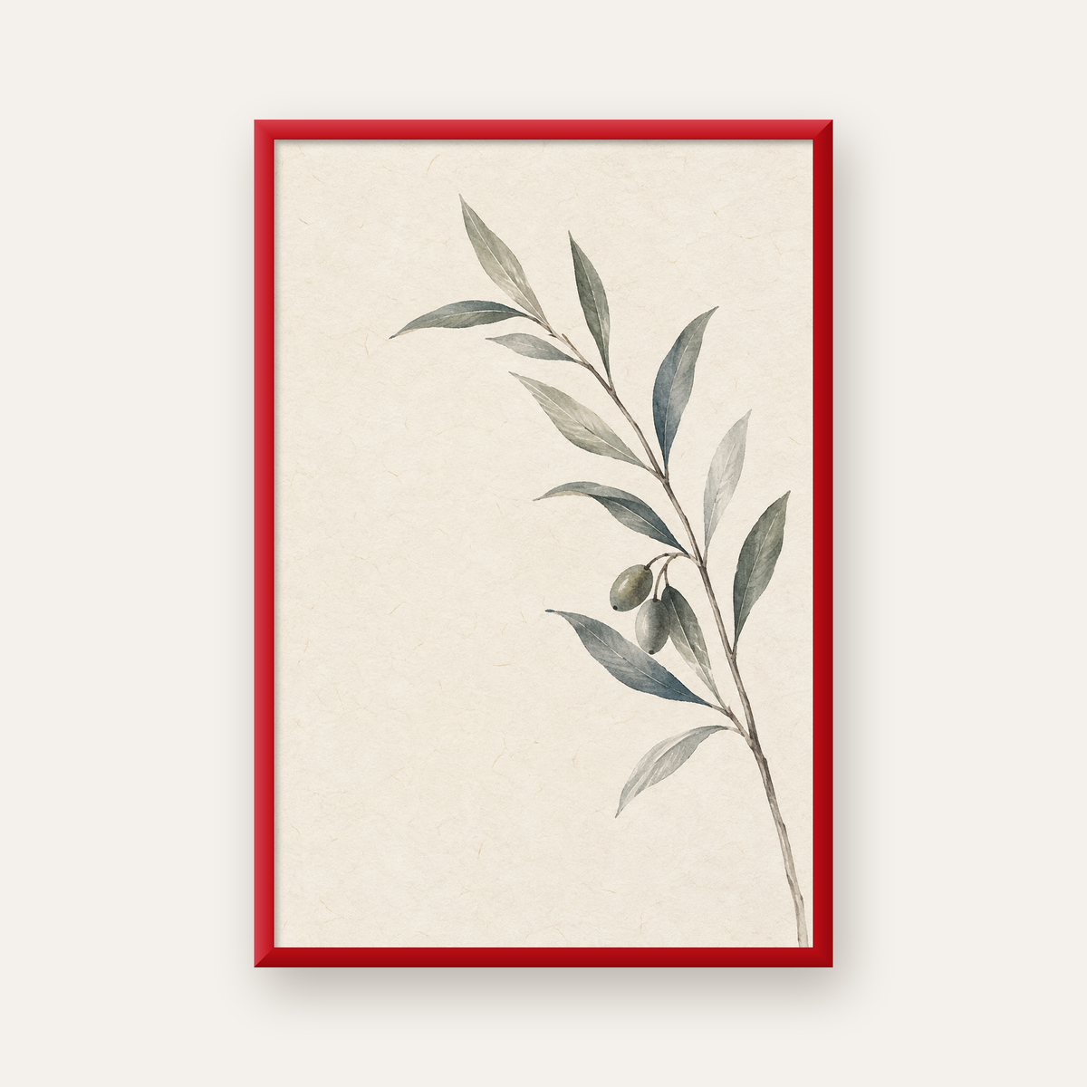 Suluboya Zeytin Dalı Minimal Poster – Doğal Sade Sanat Baskısı — kırmızı çerçeveli