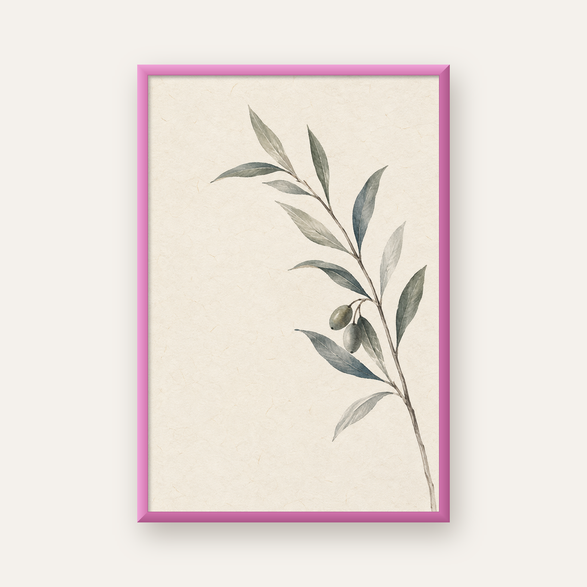 Suluboya Zeytin Dalı Minimal Poster – Doğal Sade Sanat Baskısı — pembe çerçeveli