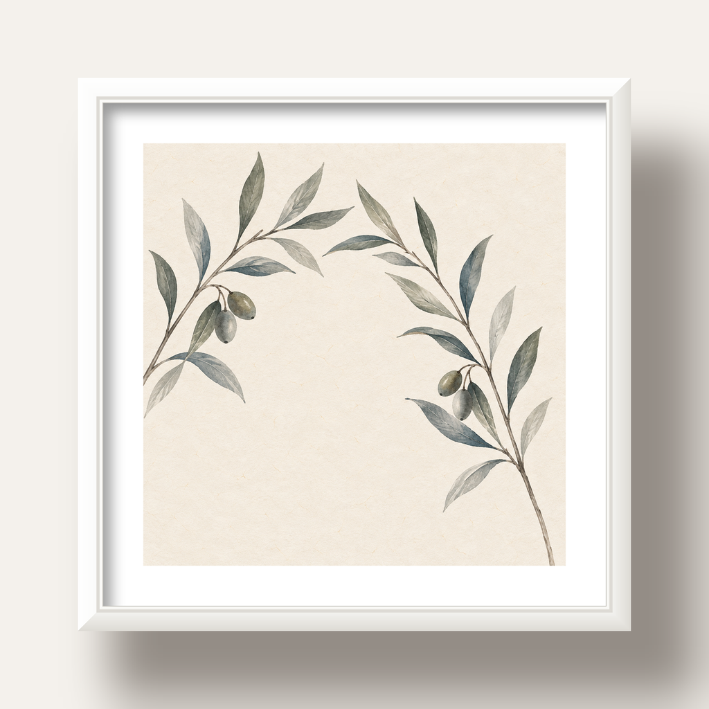 Suluboya Zeytin Dalı Minimal Poster – Doğal Sade Sanat Baskısı — beyaz derin çerçeveli paspartulu