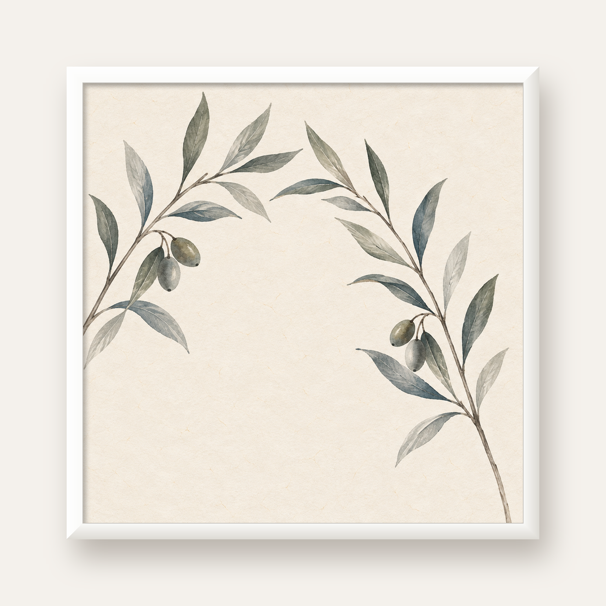 Suluboya Zeytin Dalı Minimal Poster – Doğal Sade Sanat Baskısı — beyaz çerçeveli kare poster