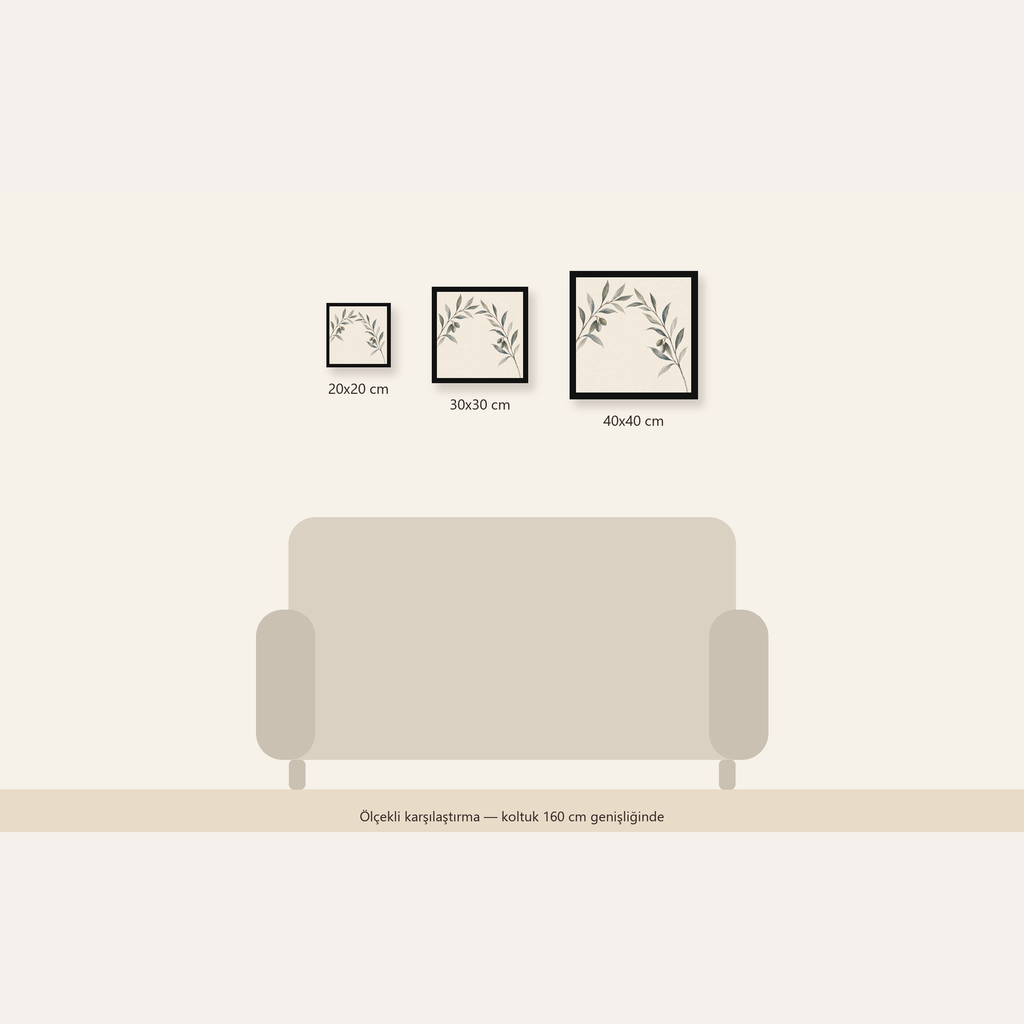Suluboya Zeytin Dalı Minimal Poster – Doğal Sade Sanat Baskısı — Kare ölçülerinin karşılaştırması