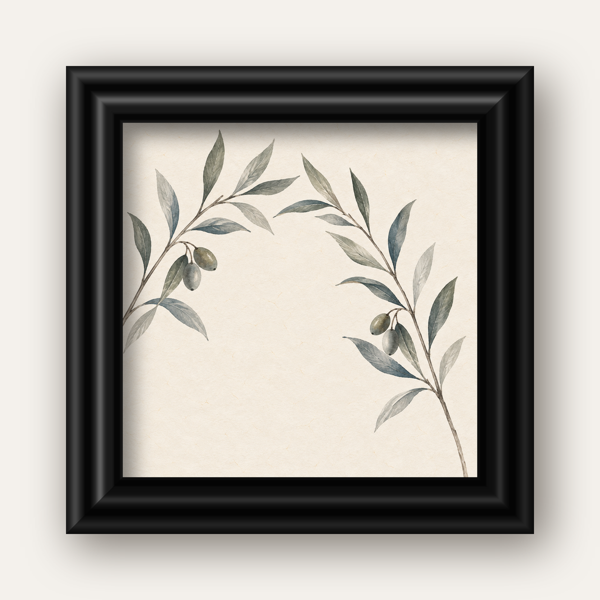 Suluboya Zeytin Dalı Minimal Poster – Doğal Sade Sanat Baskısı — siyah galeri çerçeveli