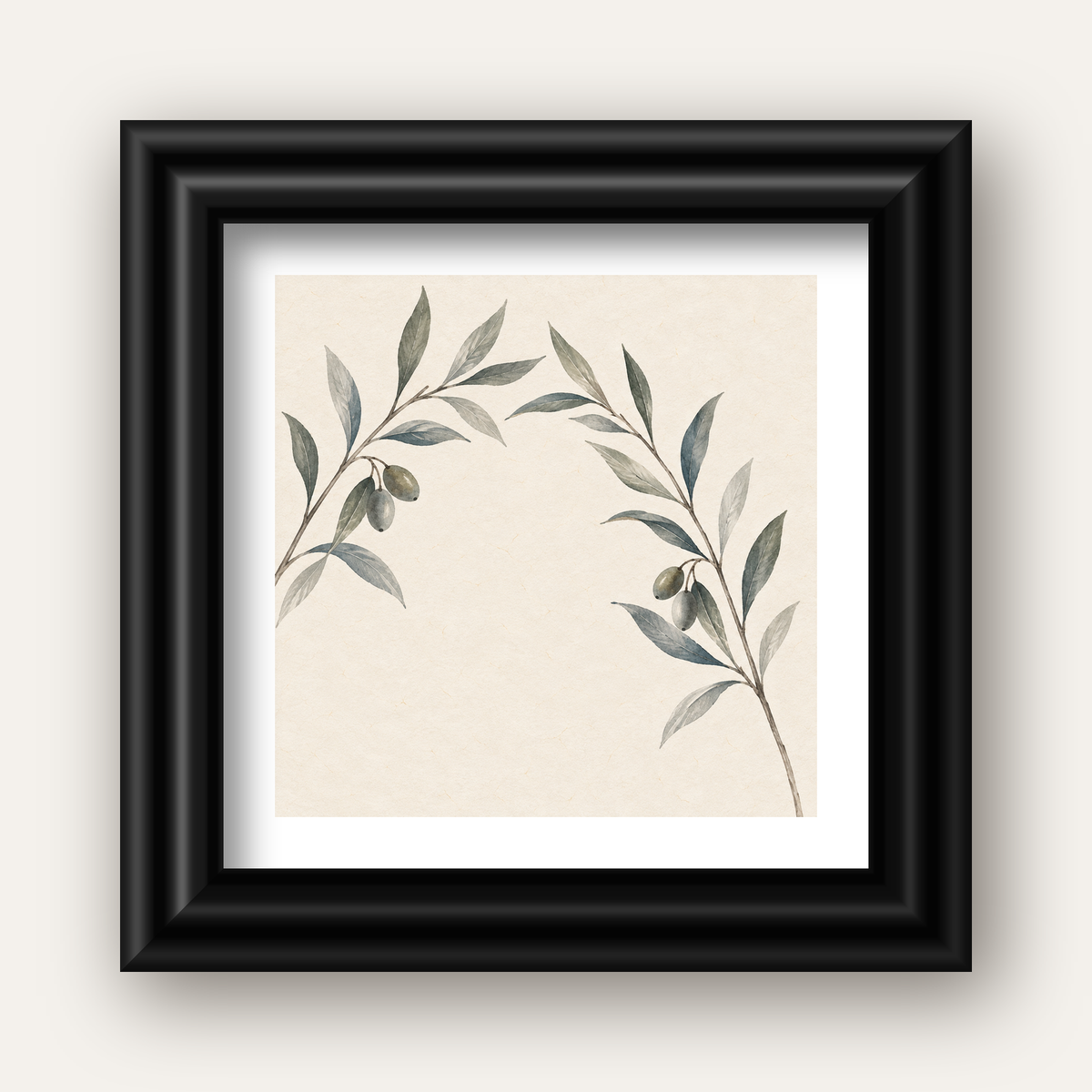Suluboya Zeytin Dalı Minimal Poster – Doğal Sade Sanat Baskısı — siyah galeri çerçeveli paspartulu