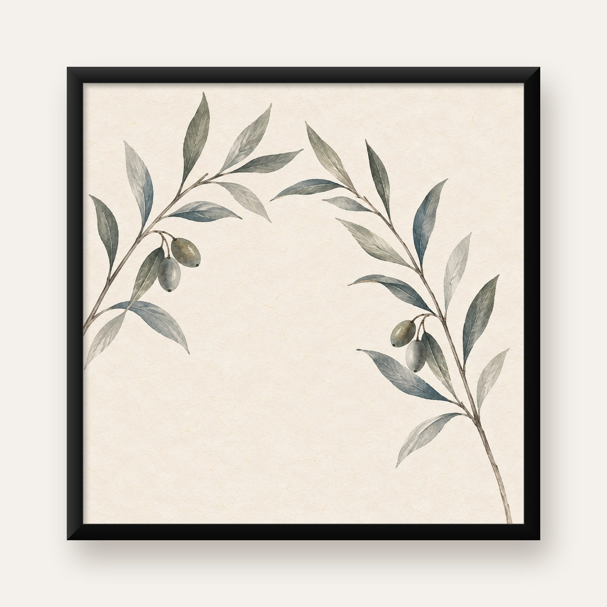 Suluboya Zeytin Dalı Minimal Poster – Doğal Sade Sanat Baskısı — Kare baskı, düz siyah çerçeveli duvar posteri