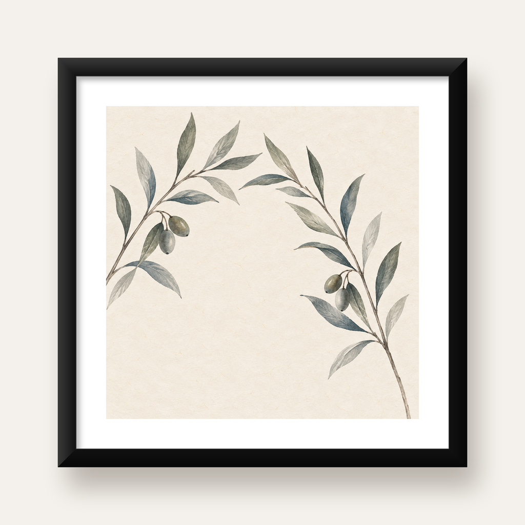 Suluboya Zeytin Dalı Minimal Poster – Doğal Sade Sanat Baskısı — Kare baskı, beyaz paspartulu