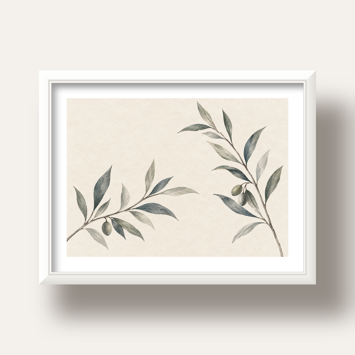 Suluboya Zeytin Dalı Minimal Poster – Doğal Sade Sanat Baskısı — beyaz derin çerçeveli paspartulu