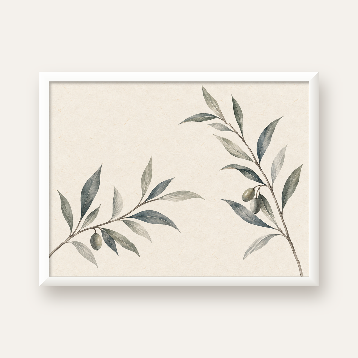 Suluboya Zeytin Dalı Minimal Poster – Doğal Sade Sanat Baskısı — beyaz çerçeveli yatay poster