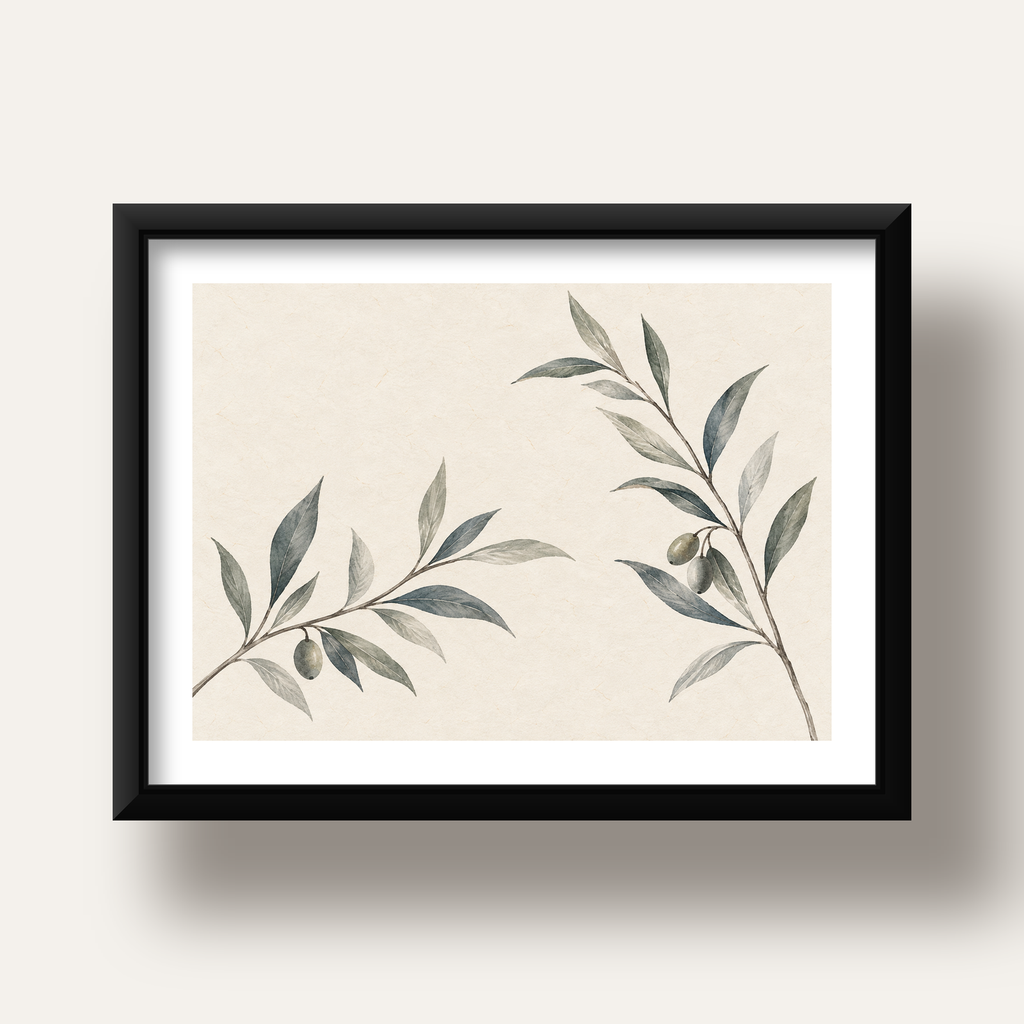 Suluboya Zeytin Dalı Minimal Poster – Doğal Sade Sanat Baskısı — siyah derin çerçeveli paspartulu