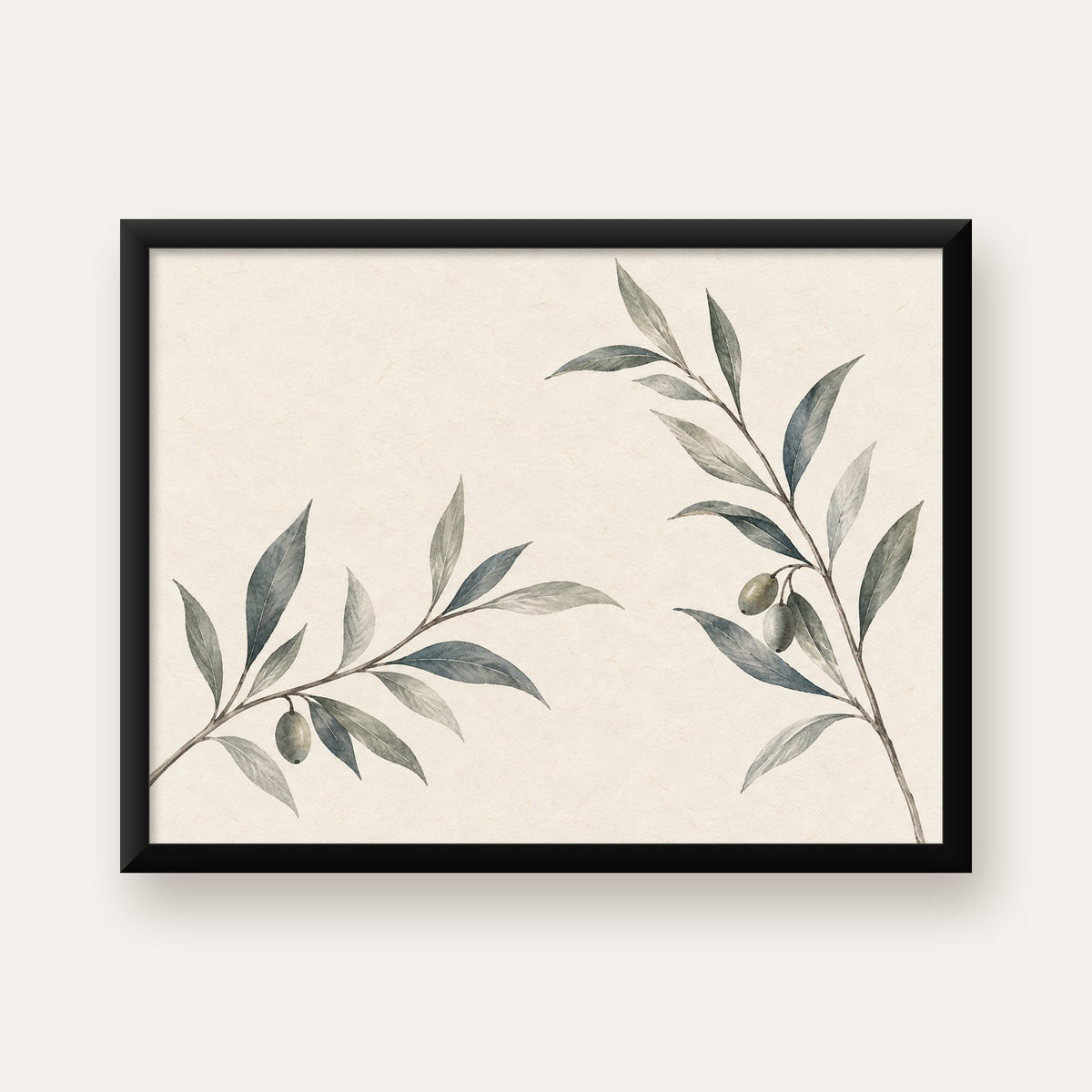 Suluboya Zeytin Dalı Minimal Poster – Doğal Sade Sanat Baskısı — Yatay baskı, düz siyah çerçeveli duvar posteri