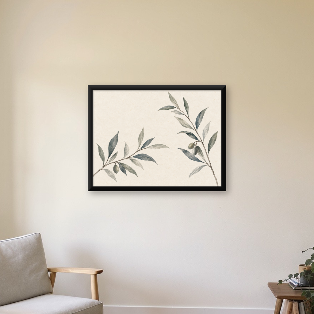 Suluboya Zeytin Dalı Minimal Poster – Doğal Sade Sanat Baskısı — Yatay baskı, çerçeveli hâliyle bir ev duvarında
