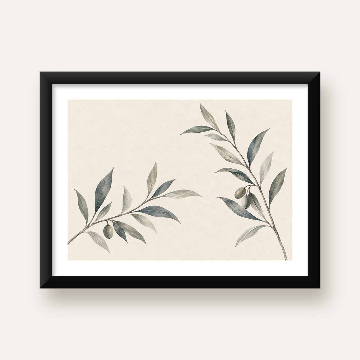 Suluboya Zeytin Dalı Minimal Poster – Doğal Sade Sanat Baskısı — Yatay baskı, beyaz paspartulu