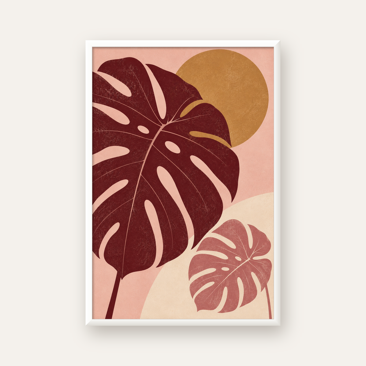 Minimalist Monstera Yaprakları Dijital Sanat Poster — beyaz çerçeveli dikey poster