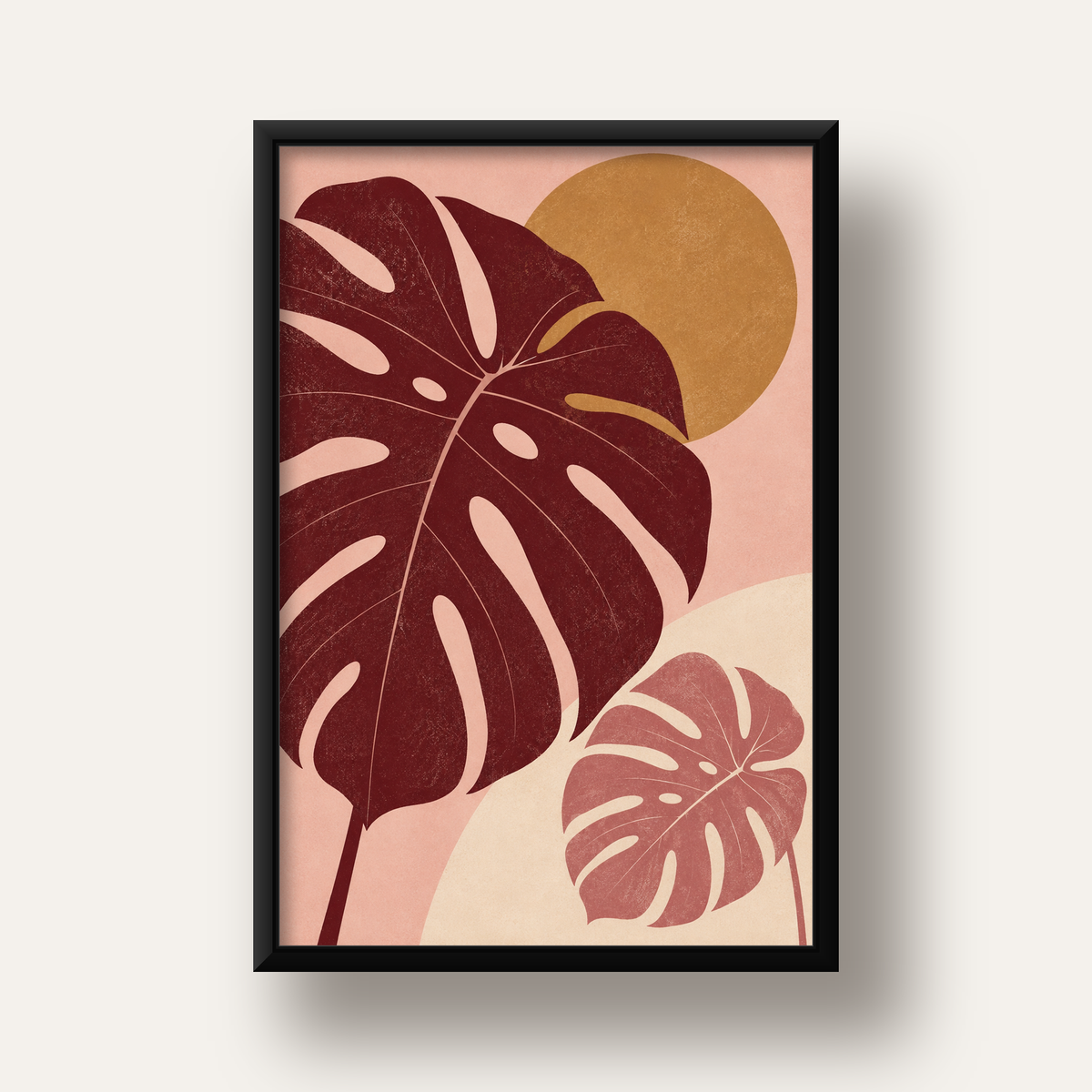 Minimalist Monstera Yaprakları Dijital Sanat Poster — siyah derin çerçeveli