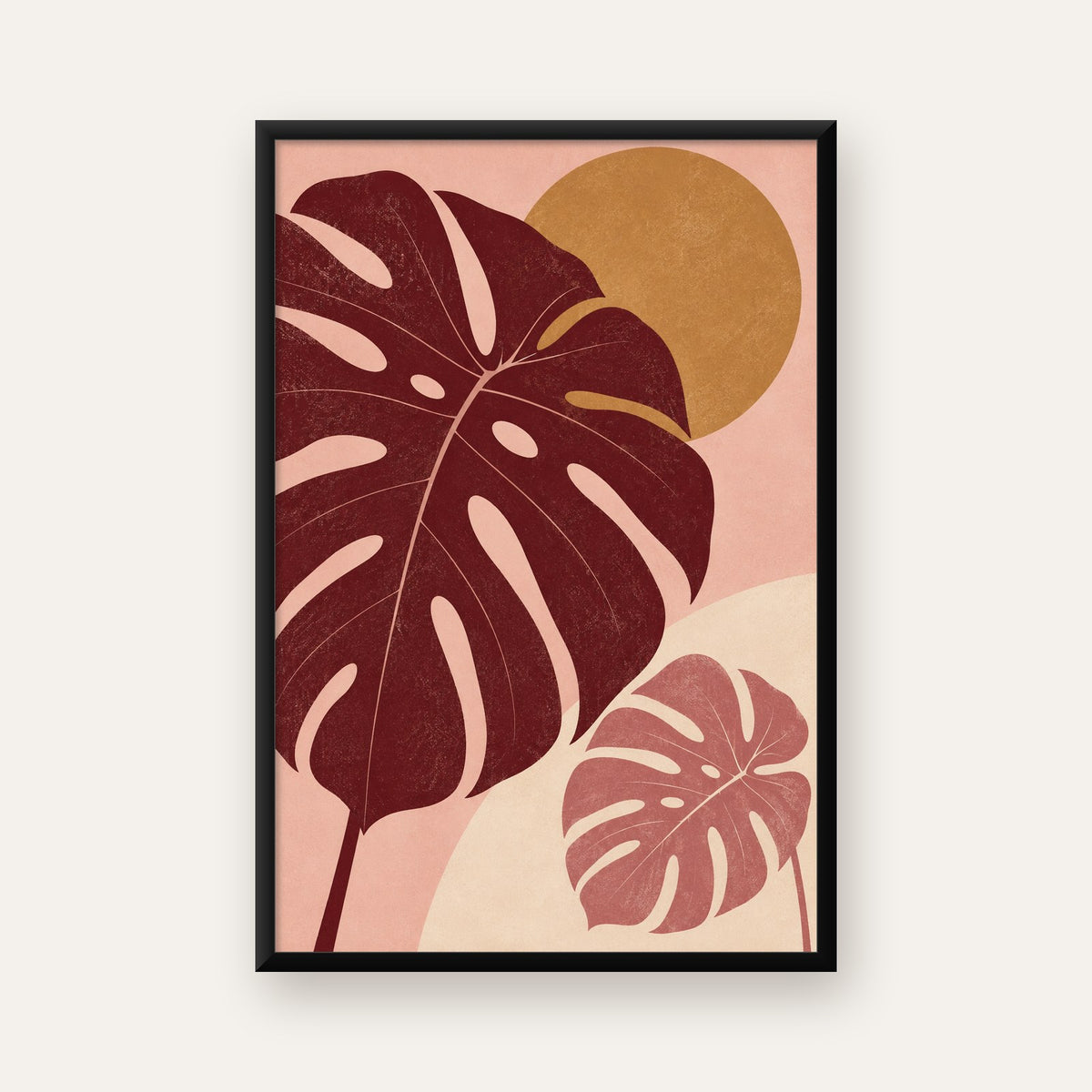 Minimalist Monstera Yaprakları Dijital Sanat Poster — Dikey baskı, düz siyah çerçeveli duvar posteri