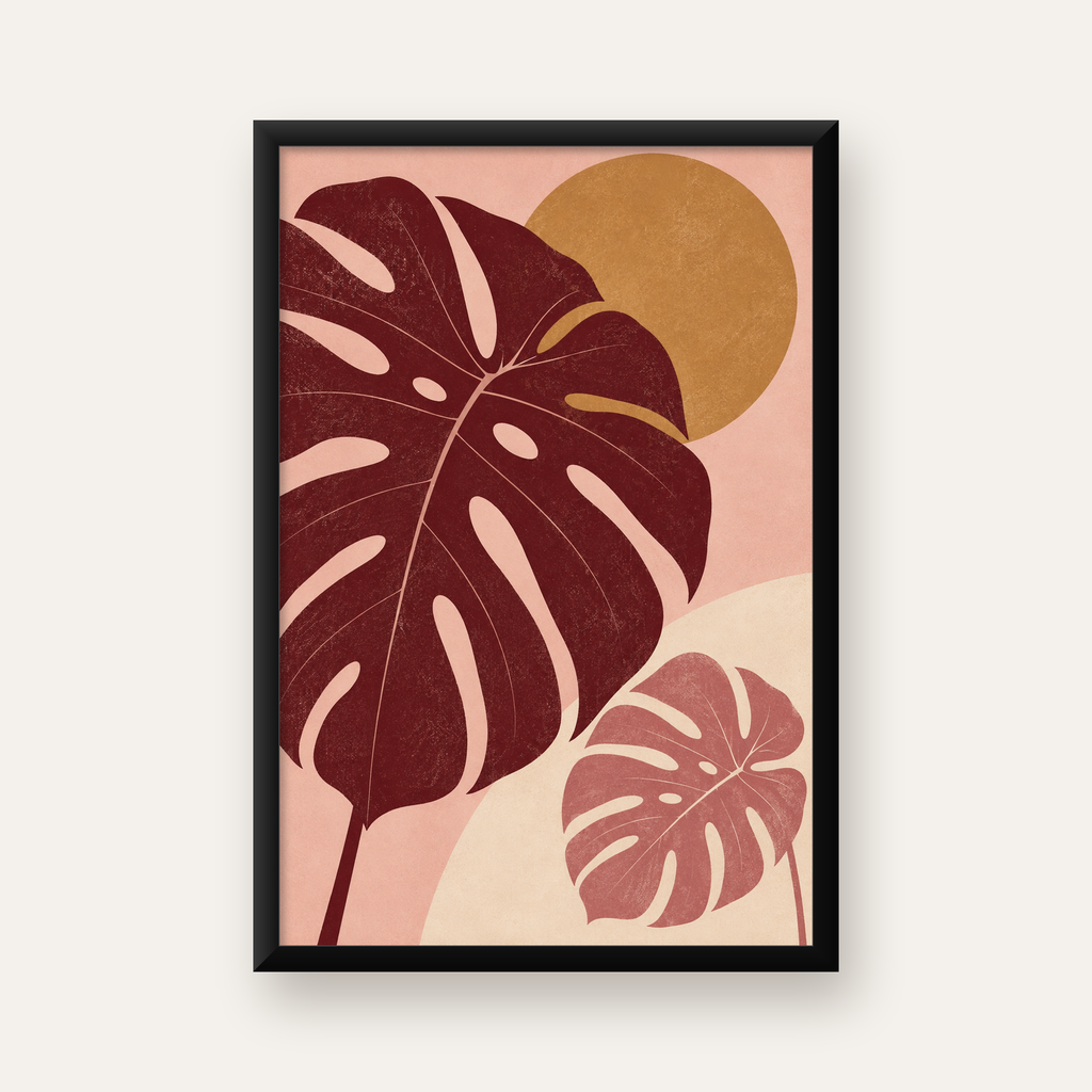 Minimalist Monstera Yaprakları Dijital Sanat Poster — Dikey baskı, düz siyah çerçeveli duvar posteri
