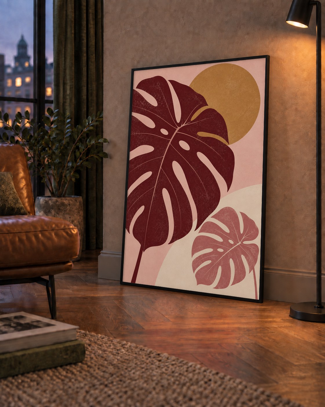 Minimalist Monstera Yaprakları Dijital Sanat Poster — çerçeveli hâliyle bir ev duvarında