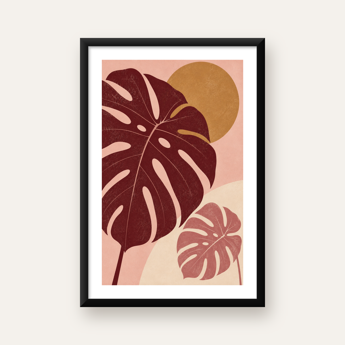 Minimalist Monstera Yaprakları Dijital Sanat Poster — Dikey baskı, beyaz paspartulu