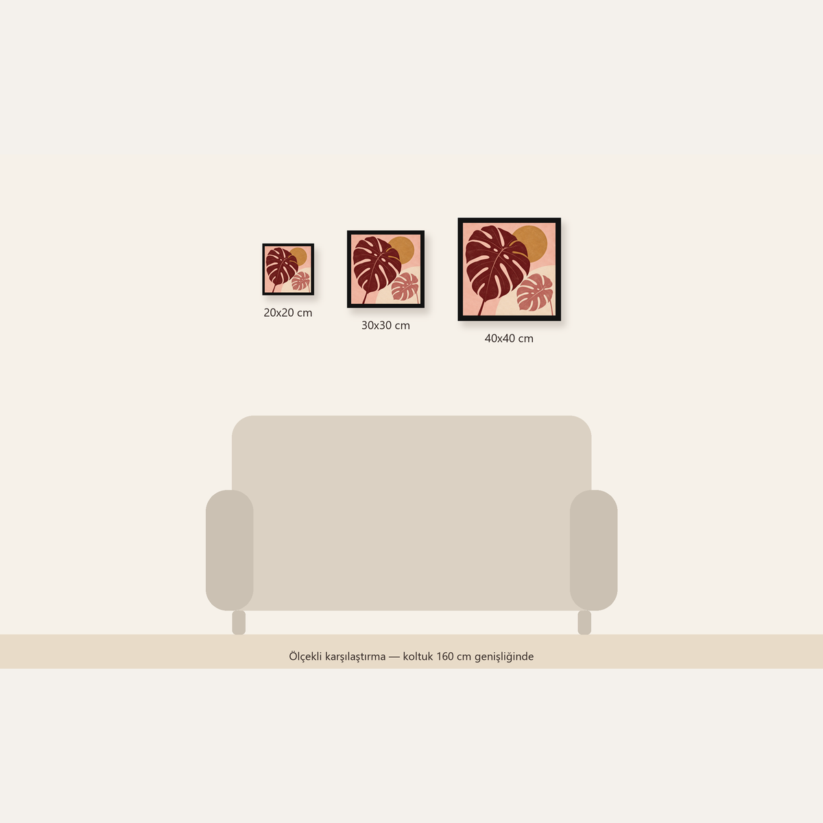 Minimalist Monstera Yaprakları Dijital Sanat Poster — Kare ölçülerinin karşılaştırması