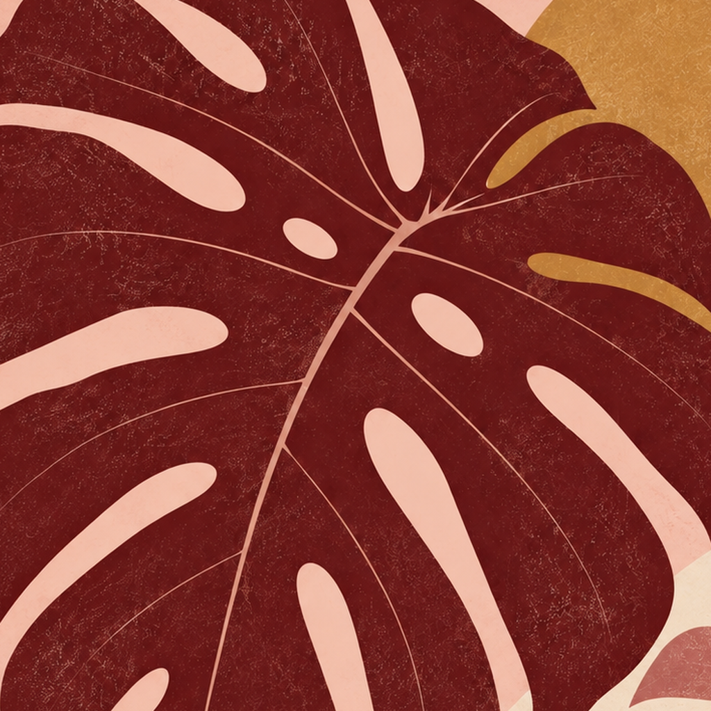 Minimalist Monstera Yaprakları Dijital Sanat Poster — baskının yakın çekimi, kâğıt dokusu ve renk detayı