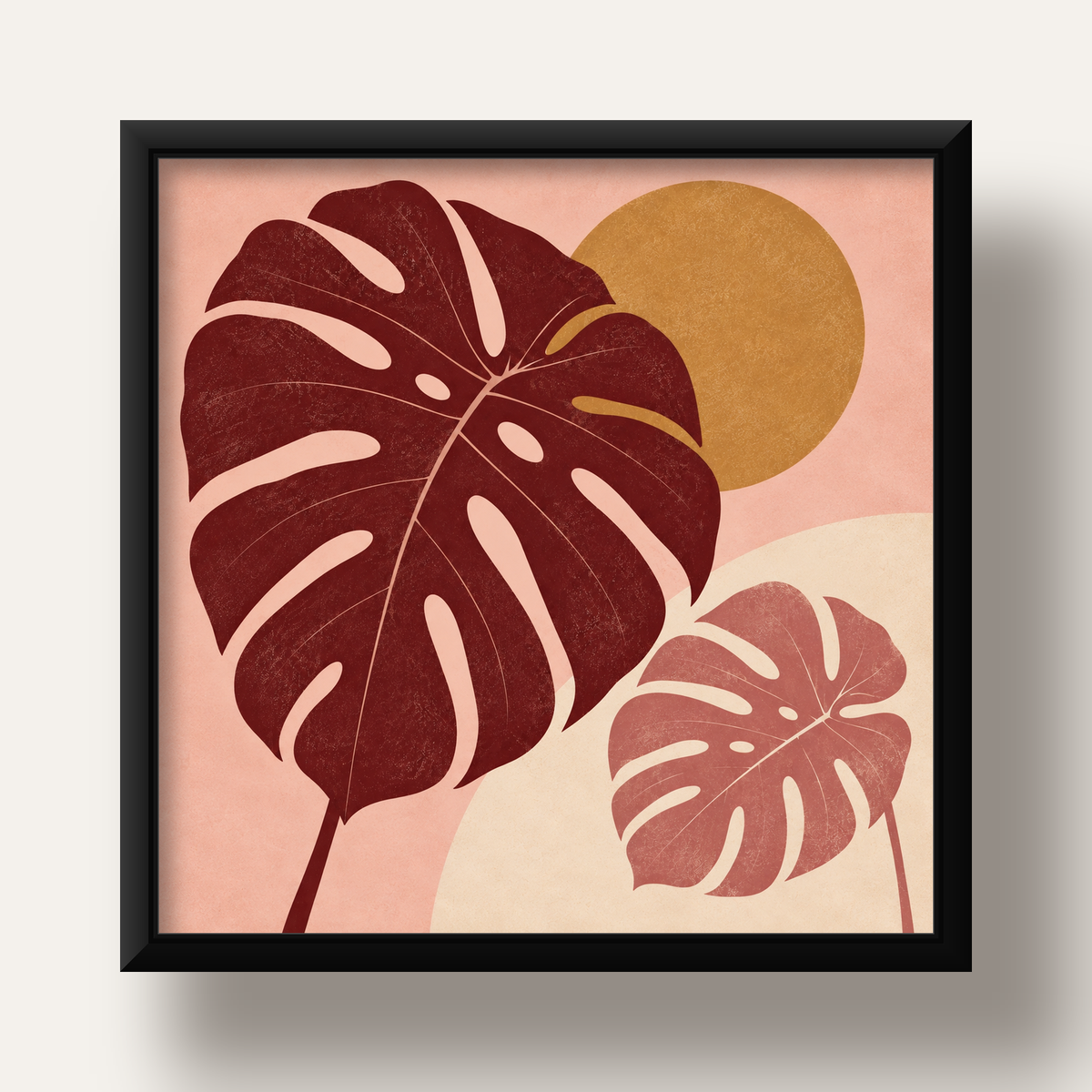 Minimalist Monstera Yaprakları Dijital Sanat Poster — siyah derin çerçeveli