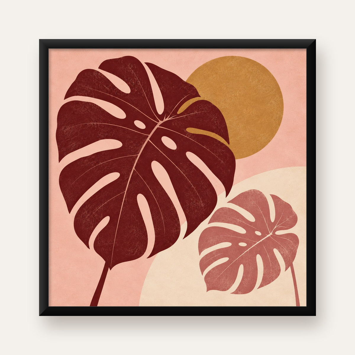 Minimalist Monstera Yaprakları Dijital Sanat Poster — Kare baskı, düz siyah çerçeveli duvar posteri