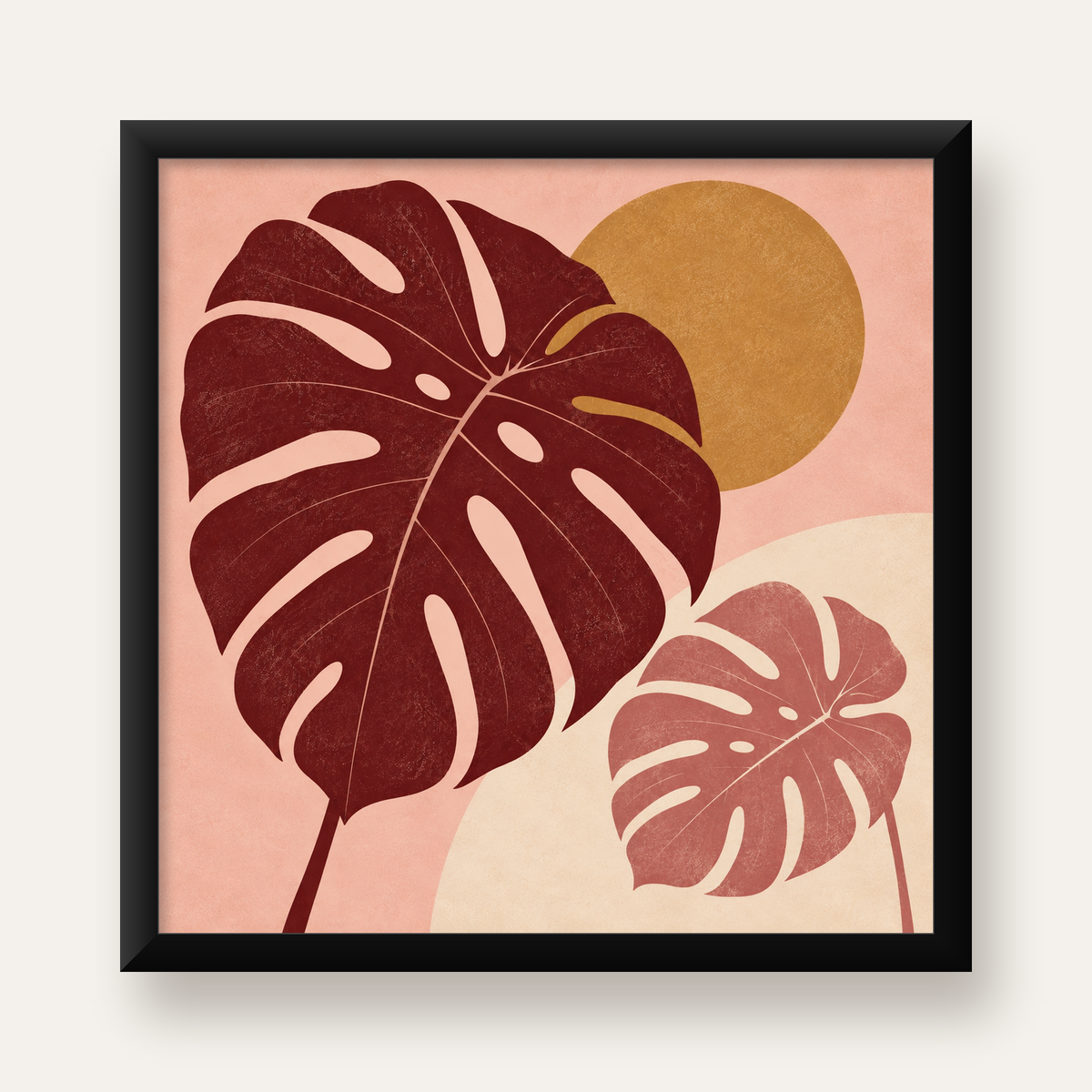 Minimalist Monstera Yaprakları Dijital Sanat Poster — Kare baskı, düz siyah çerçeveli duvar posteri