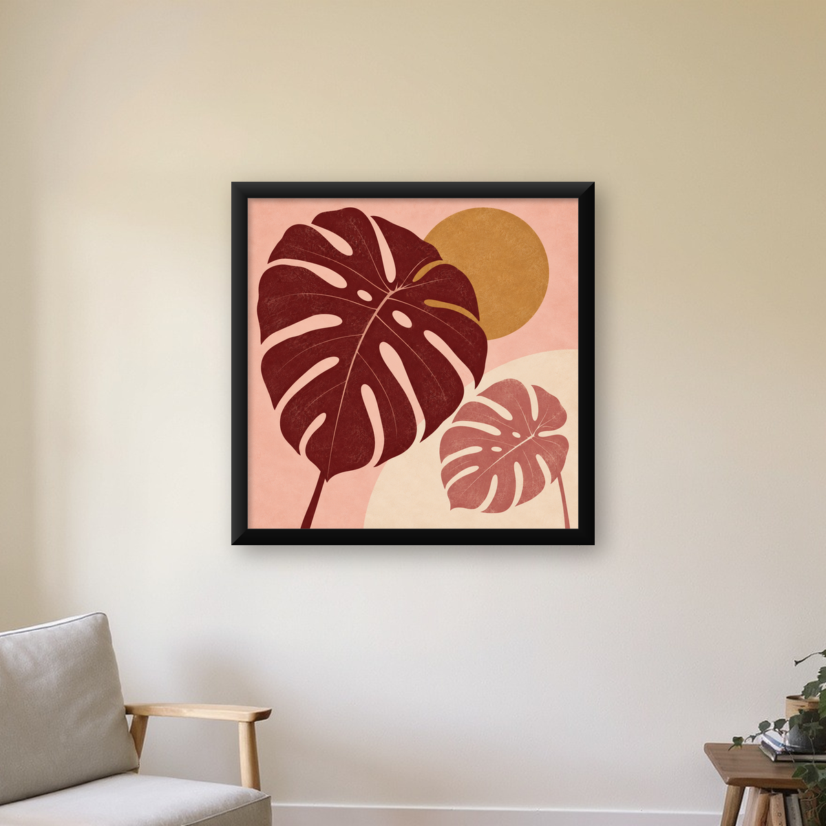 Minimalist Monstera Yaprakları Dijital Sanat Poster — Kare baskı, çerçeveli hâliyle bir ev duvarında