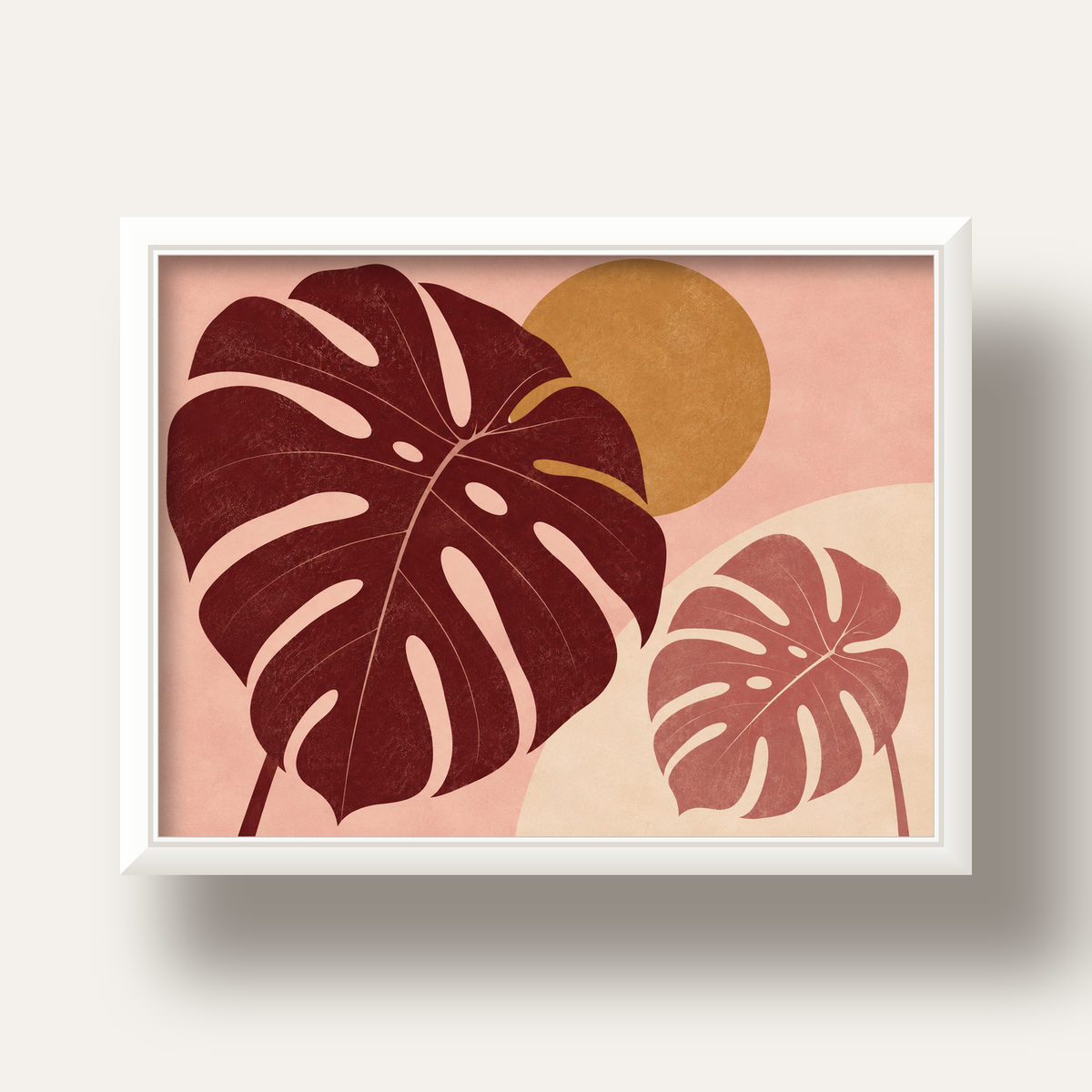 Minimalist Monstera Yaprakları Dijital Sanat Poster — beyaz derin çerçeveli