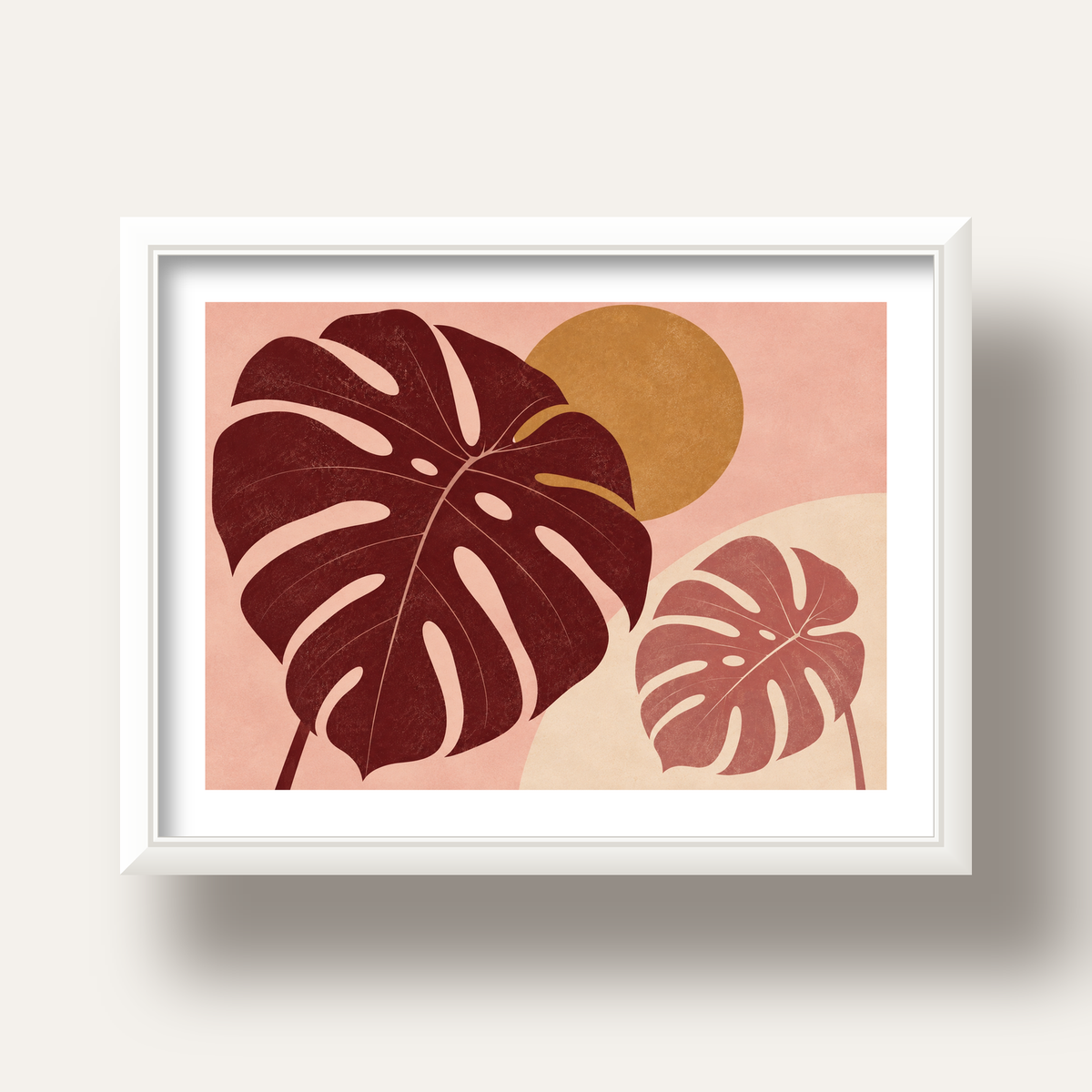 Minimalist Monstera Yaprakları Dijital Sanat Poster — beyaz derin çerçeveli paspartulu