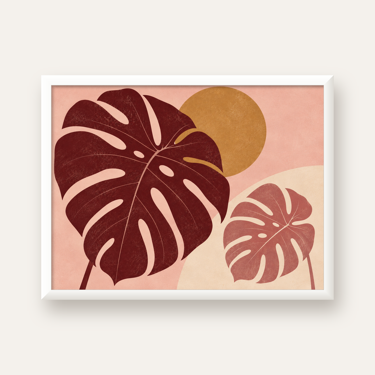 Minimalist Monstera Yaprakları Dijital Sanat Poster — beyaz çerçeveli yatay poster