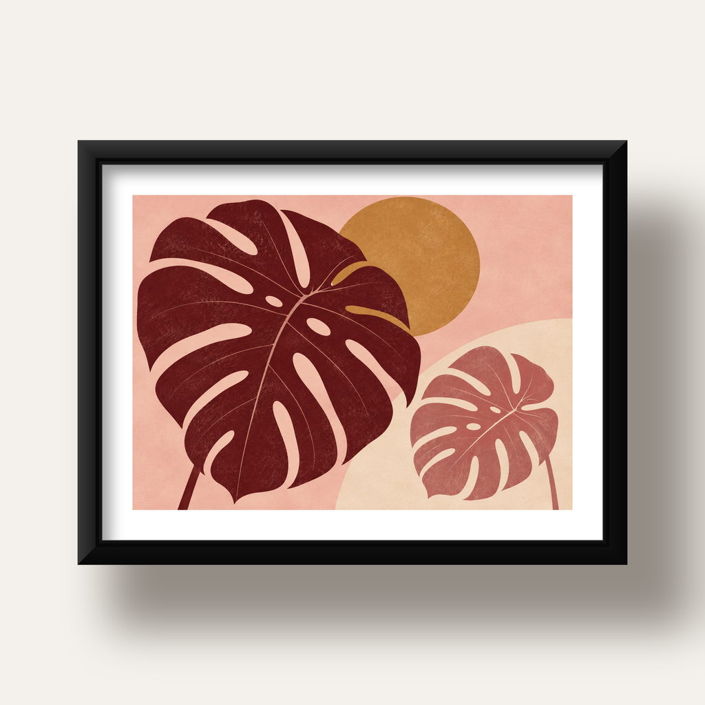 Minimalist Monstera Yaprakları Dijital Sanat Poster — siyah derin çerçeveli paspartulu