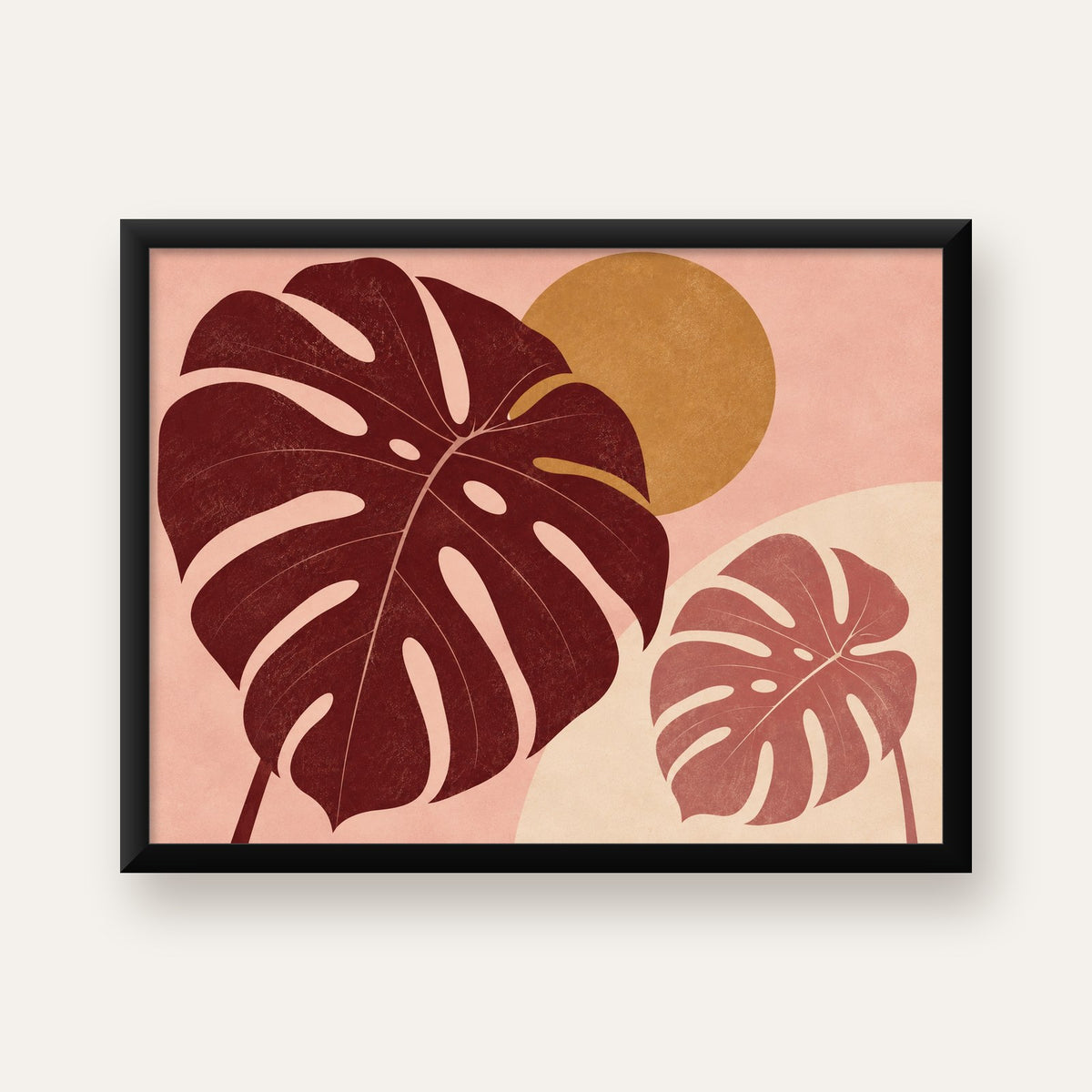 Minimalist Monstera Yaprakları Dijital Sanat Poster — Yatay baskı, düz siyah çerçeveli duvar posteri