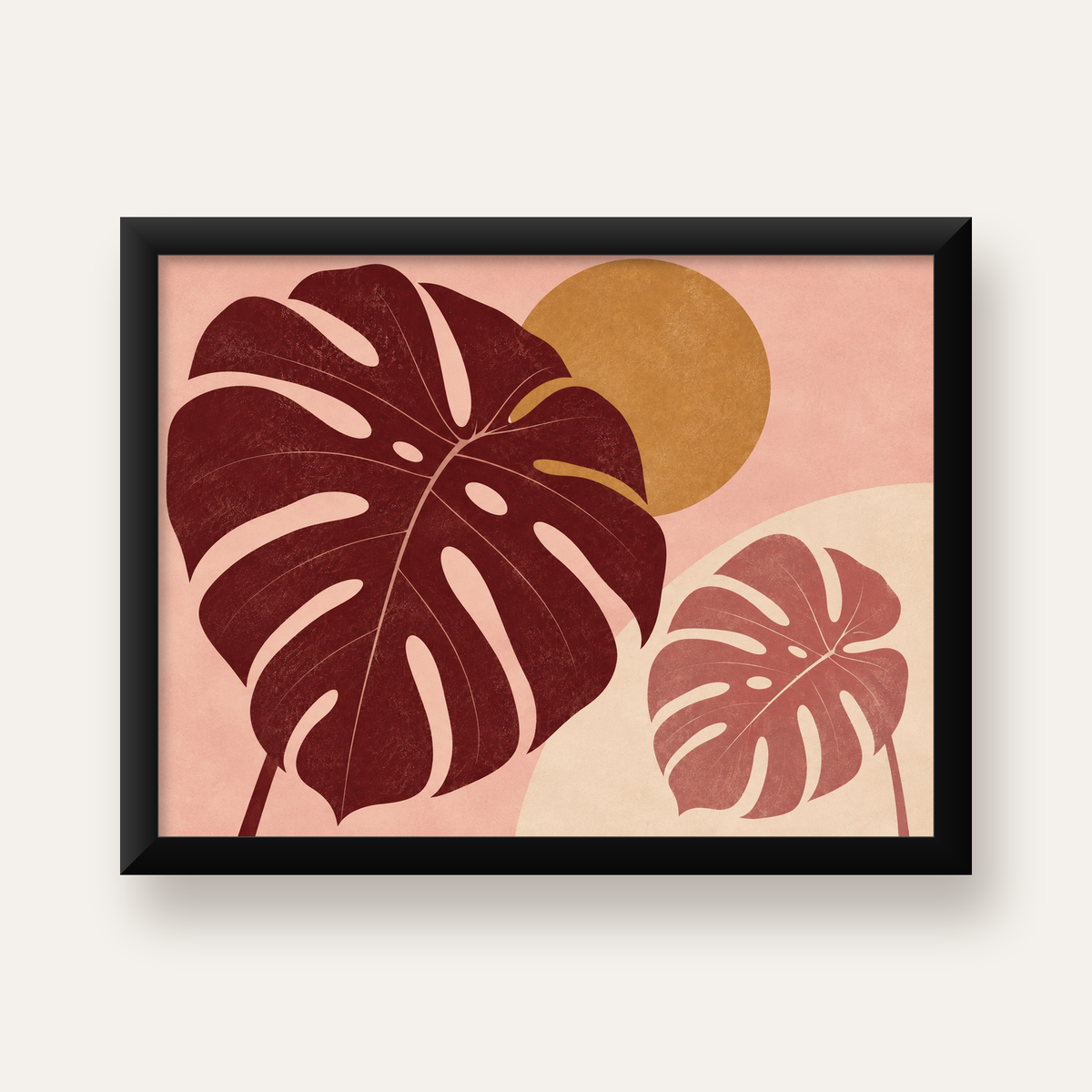 Minimalist Monstera Yaprakları Dijital Sanat Poster — Yatay baskı, düz siyah çerçeveli duvar posteri