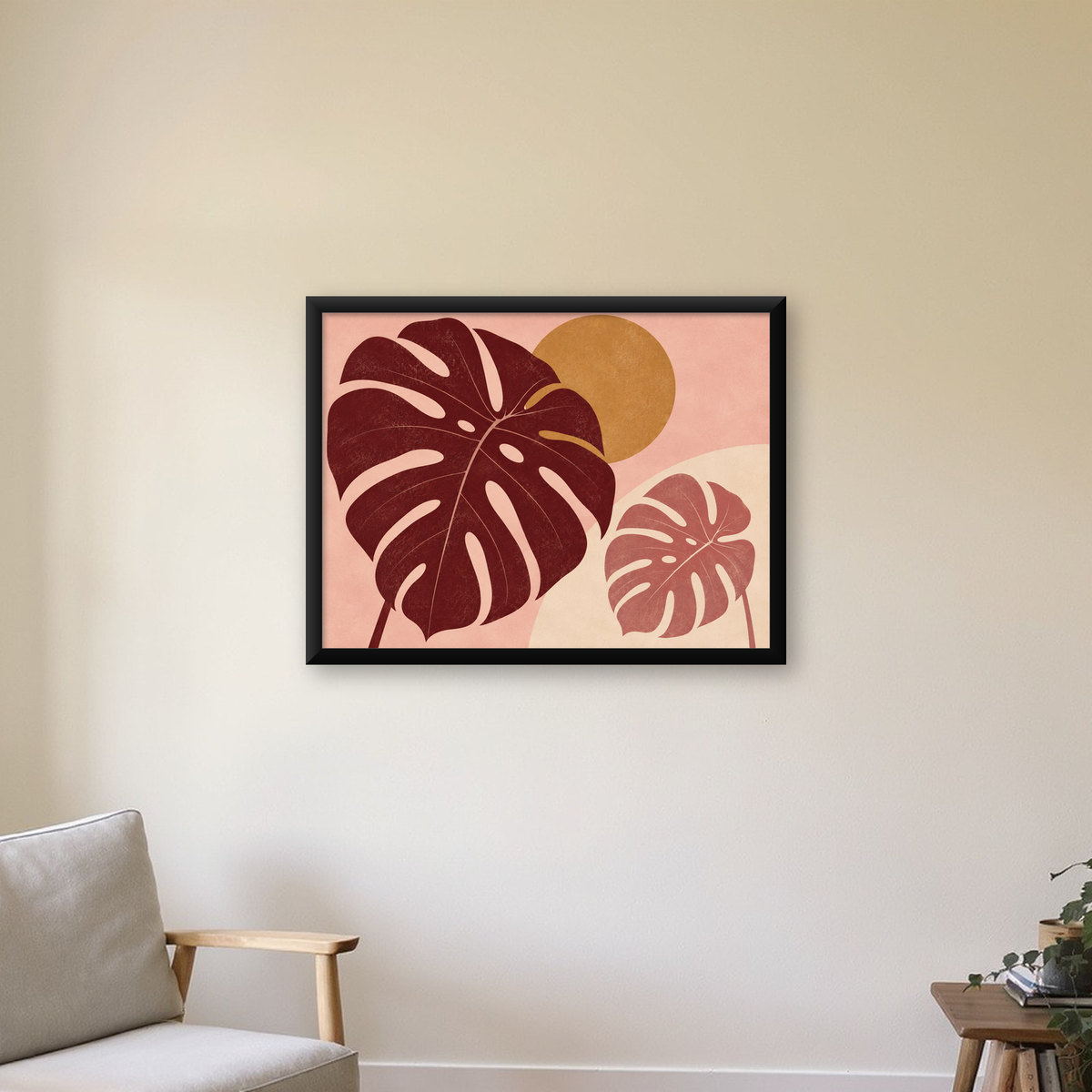 Minimalist Monstera Yaprakları Dijital Sanat Poster — Yatay baskı, çerçeveli hâliyle bir ev duvarında