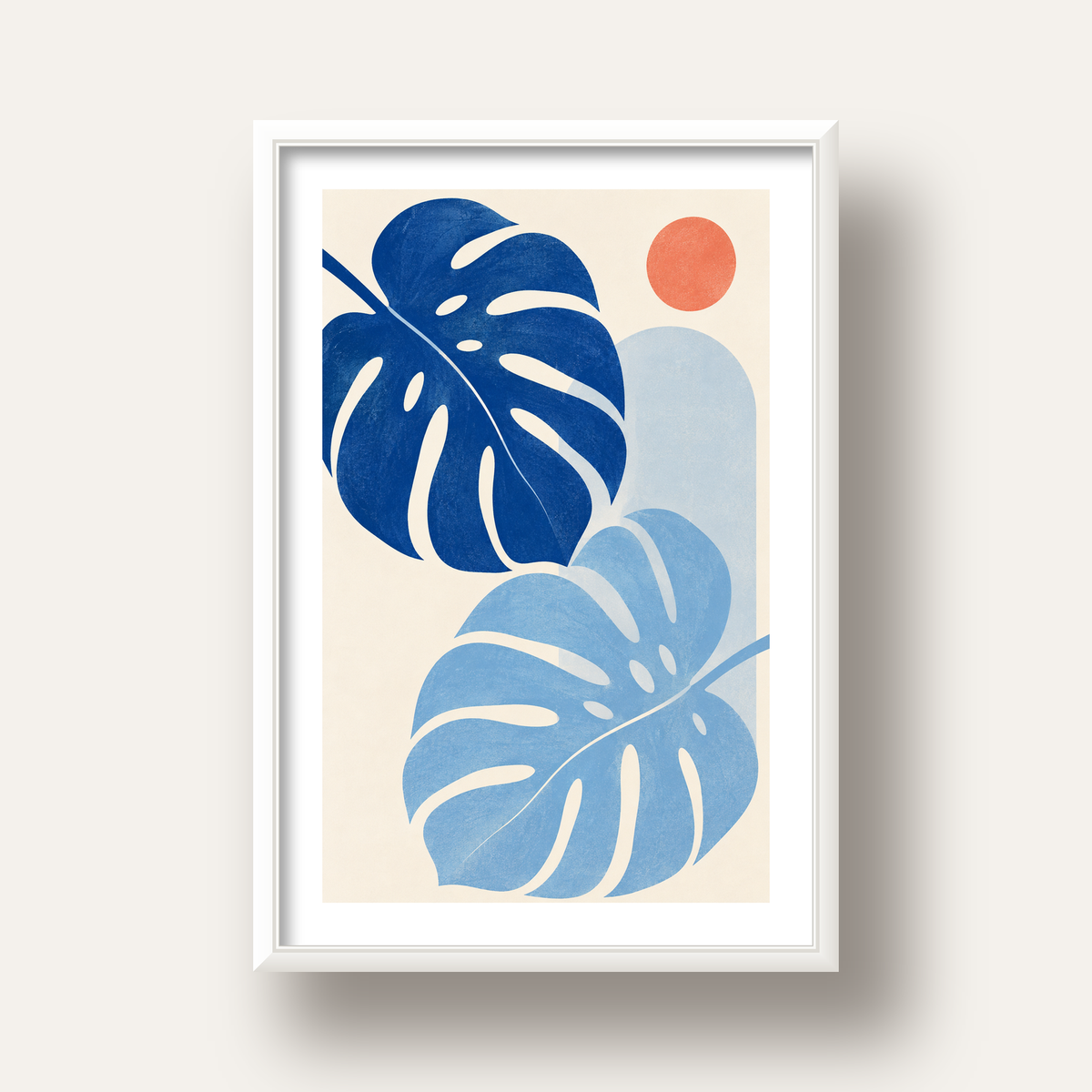 Soyut Yaprak ve Güneş Minimalist Poster – Modern Dijital Baskı — beyaz derin çerçeveli paspartulu