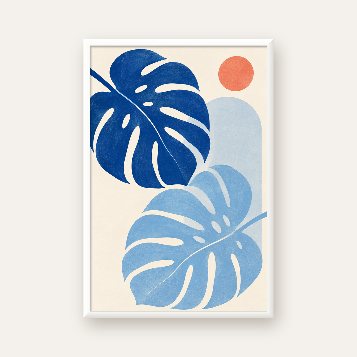 Soyut Yaprak ve Güneş Minimalist Poster – Modern Dijital Baskı — beyaz çerçeveli dikey poster