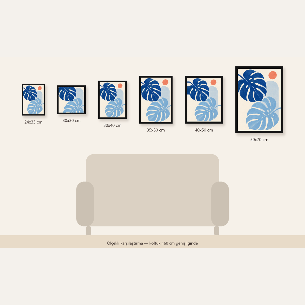 Soyut Yaprak ve Güneş Minimalist Poster – Modern Dijital Baskı — Dikey ölçülerinin karşılaştırması