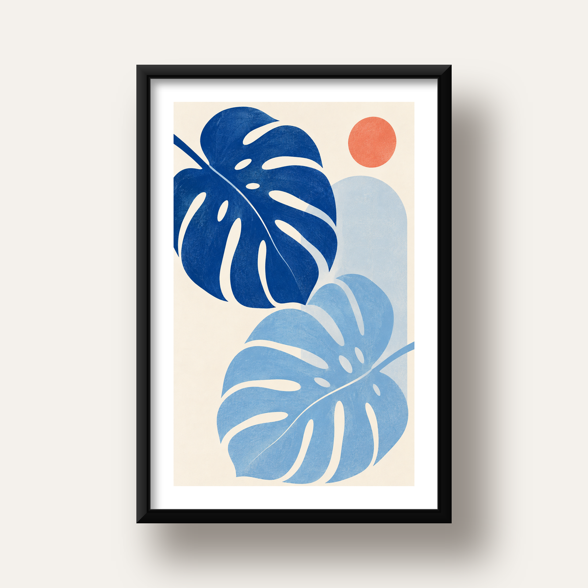 Soyut Yaprak ve Güneş Minimalist Poster – Modern Dijital Baskı — siyah derin çerçeveli paspartulu