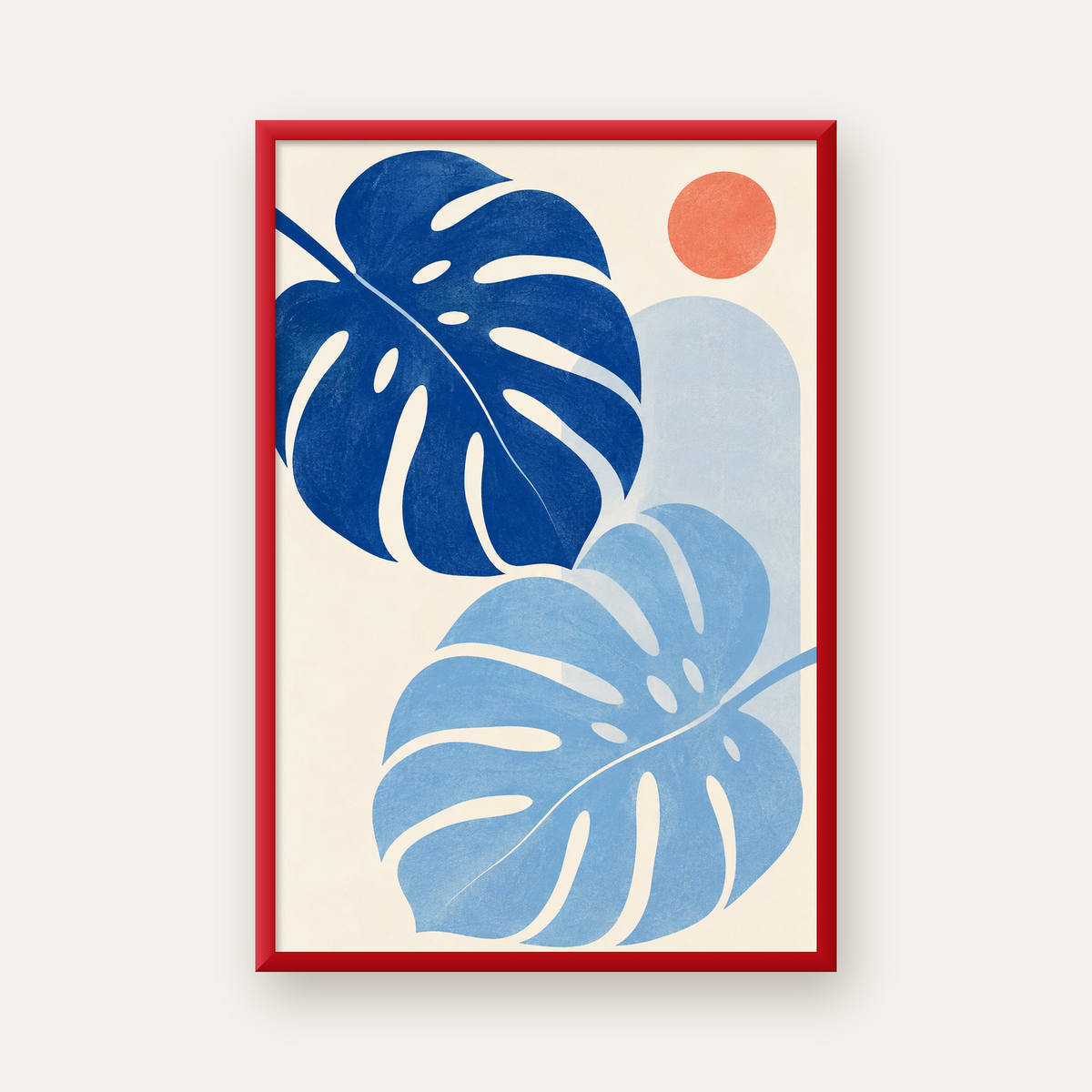 Soyut Yaprak ve Güneş Minimalist Poster – Modern Dijital Baskı — kırmızı çerçeveli