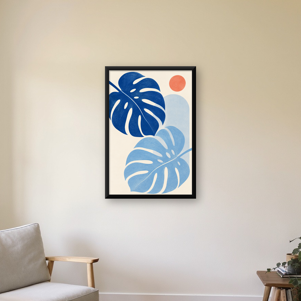 Soyut Yaprak ve Güneş Minimalist Poster – Modern Dijital Baskı — Dikey baskı, çerçeveli hâliyle bir ev duvarında