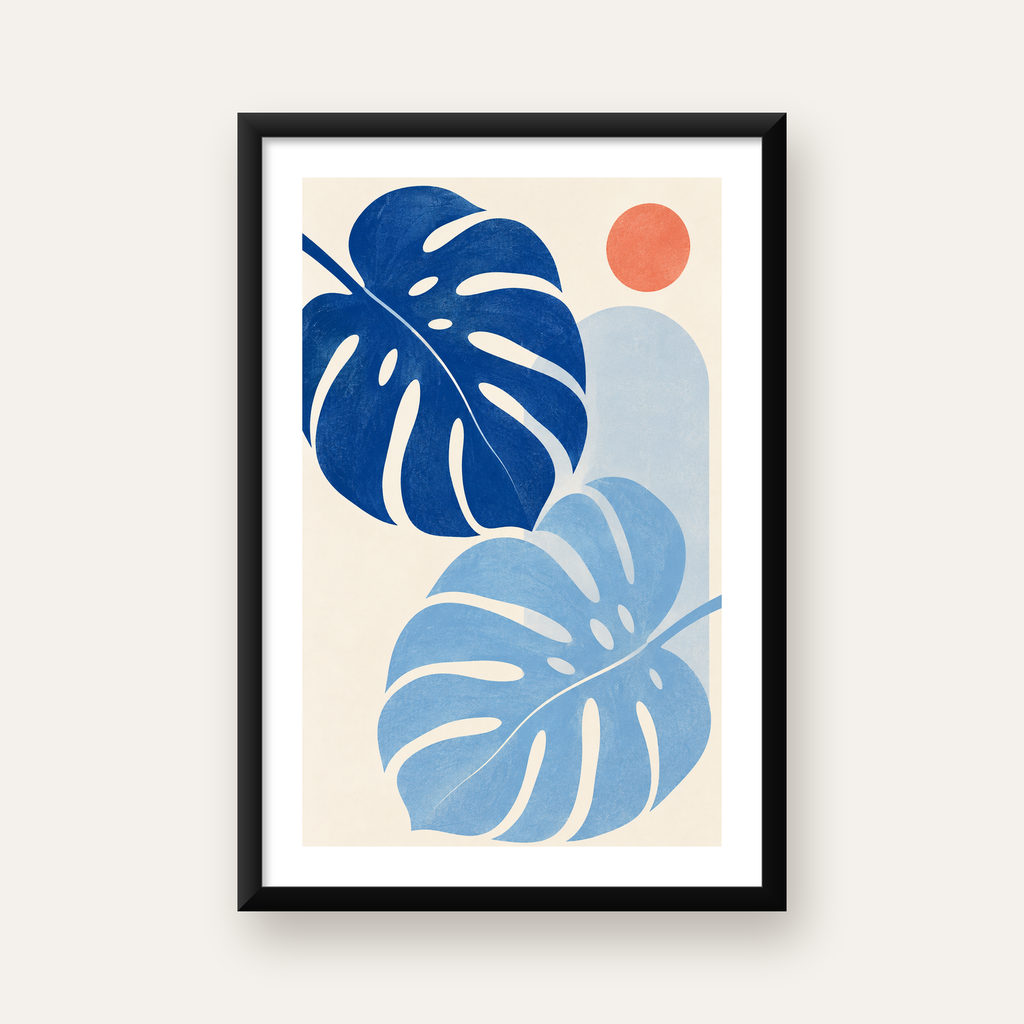 Soyut Yaprak ve Güneş Minimalist Poster – Modern Dijital Baskı — Dikey baskı, beyaz paspartulu