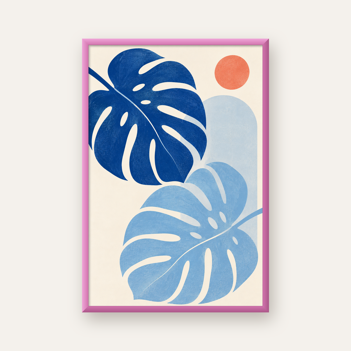 Soyut Yaprak ve Güneş Minimalist Poster – Modern Dijital Baskı — pembe çerçeveli