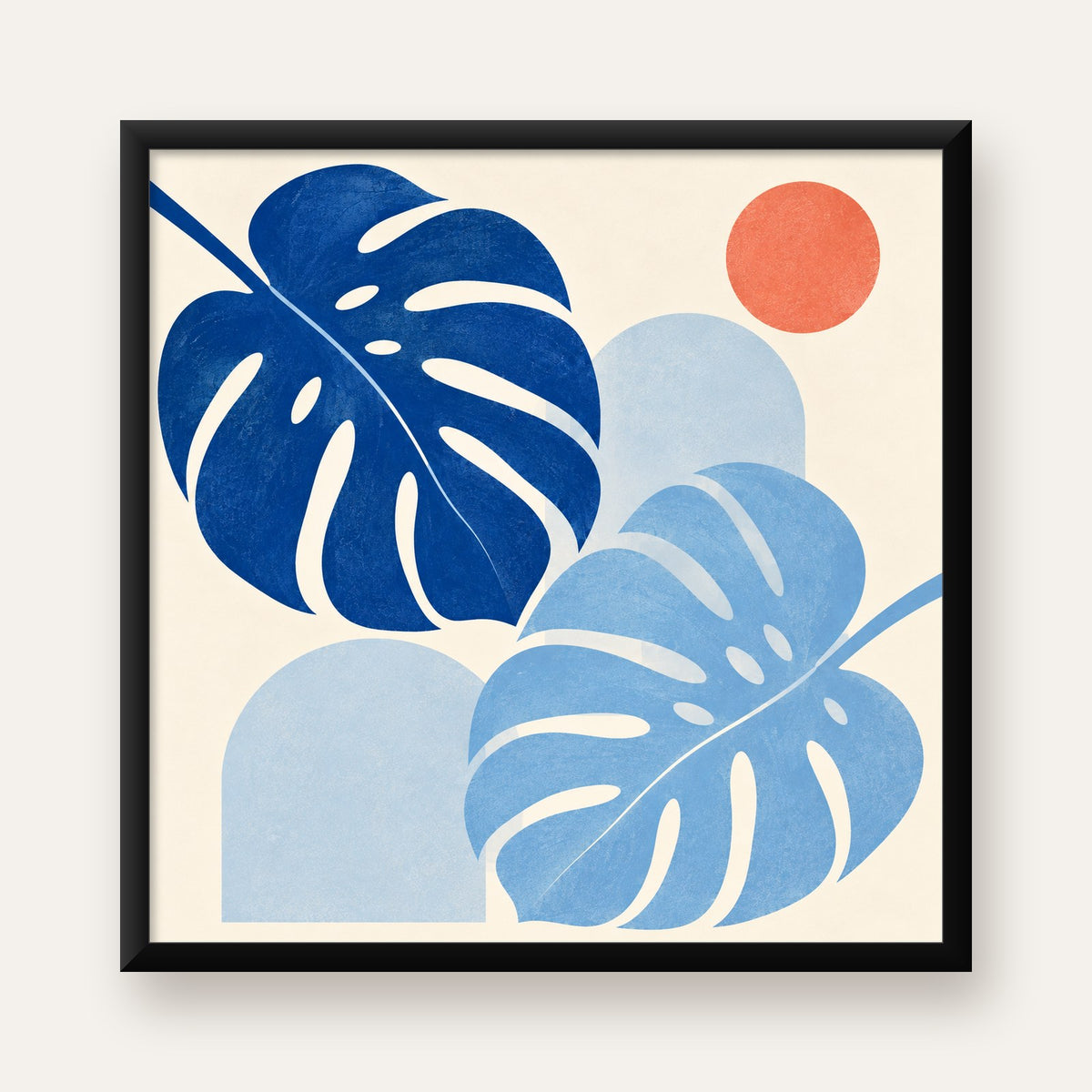 Soyut Yaprak ve Güneş Minimalist Poster – Modern Dijital Baskı — Kare baskı, düz siyah çerçeveli duvar posteri