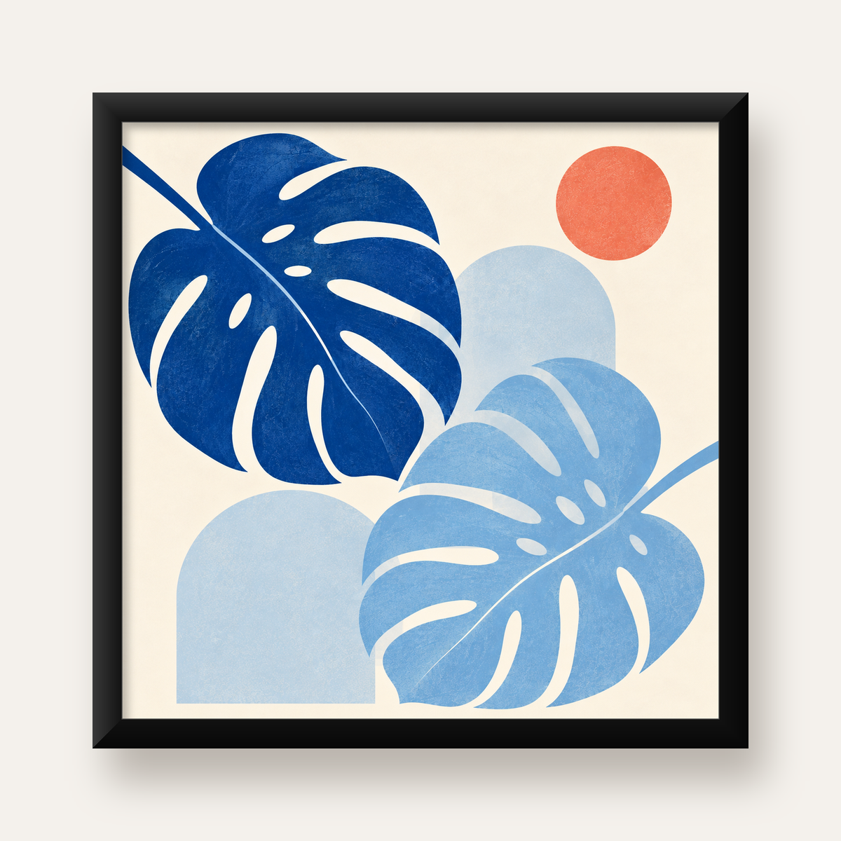 Soyut Yaprak ve Güneş Minimalist Poster – Modern Dijital Baskı — Kare baskı, düz siyah çerçeveli duvar posteri