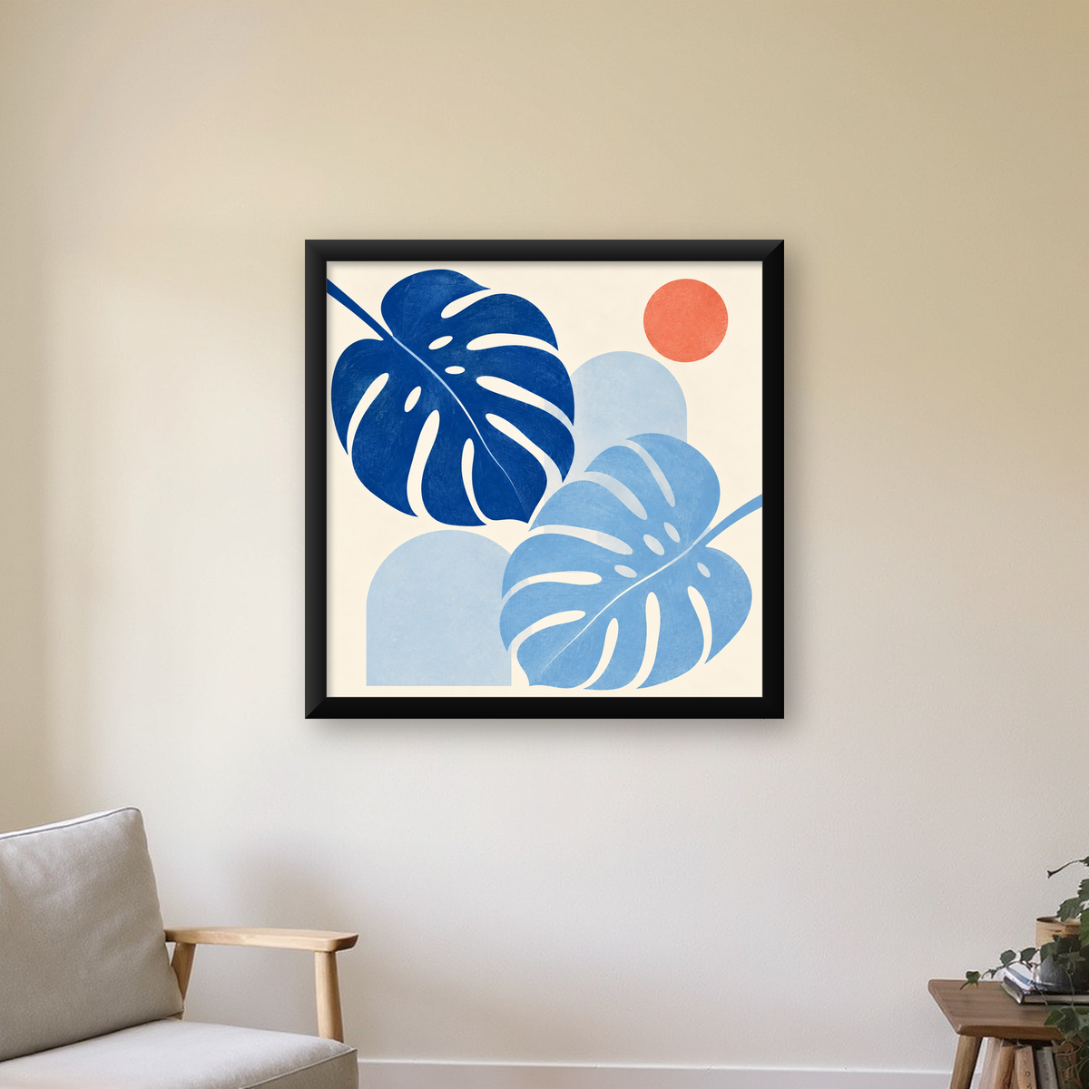 Soyut Yaprak ve Güneş Minimalist Poster – Modern Dijital Baskı — Kare baskı, çerçeveli hâliyle bir ev duvarında
